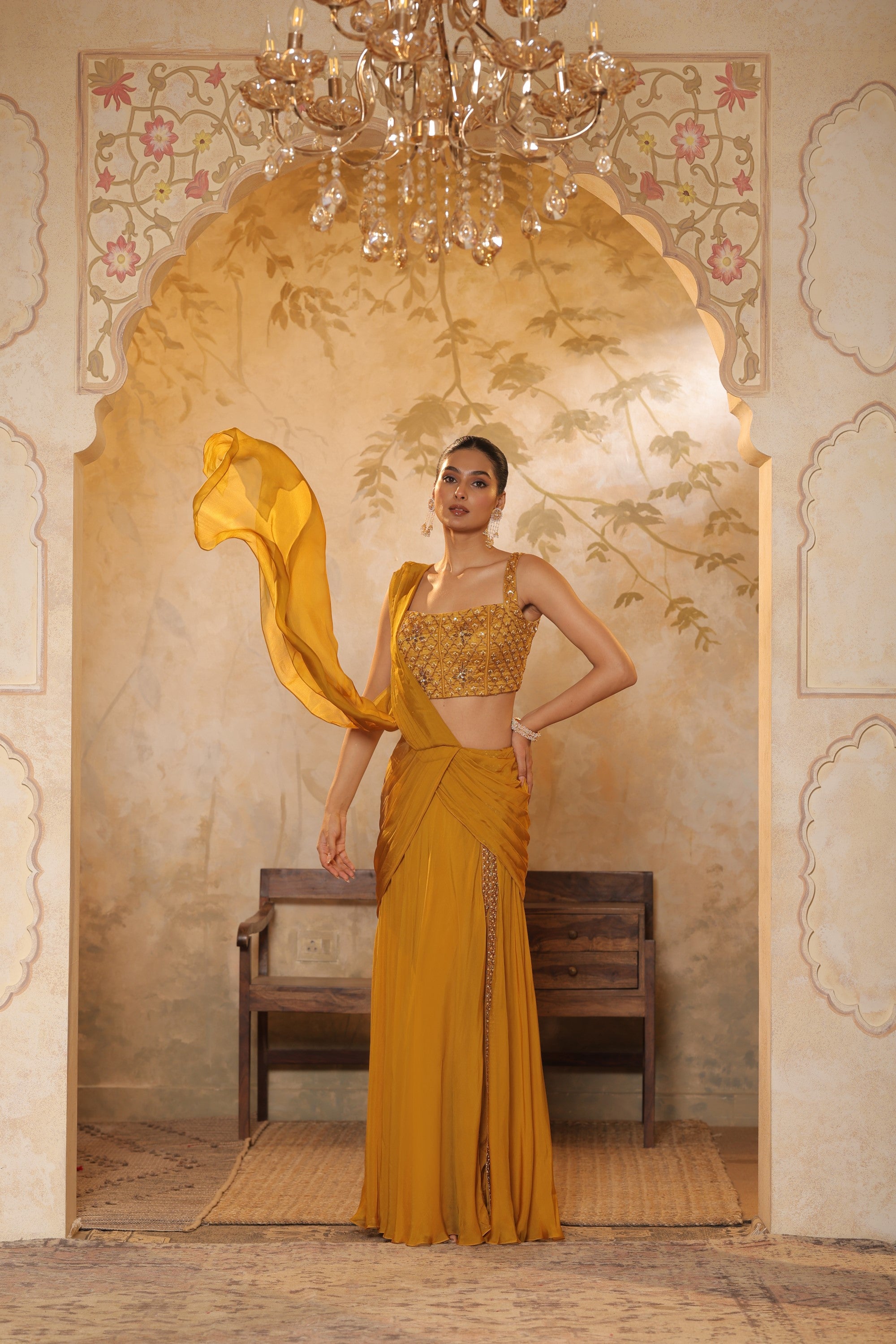 Golden Yellow Flat silk chiffon Embroidered Saree - Elegant Traditional Wear