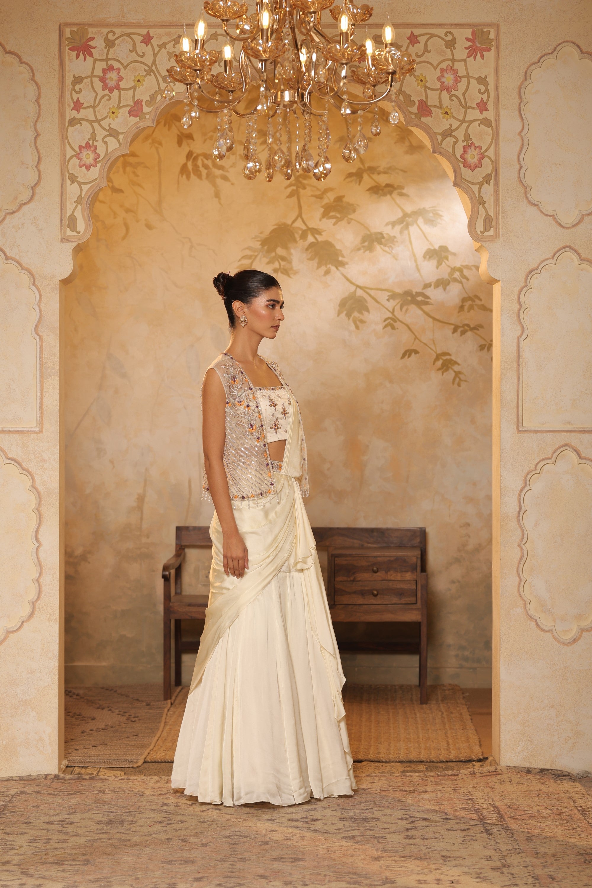 Ivory Georgette Saree with Embroiderd Cape - Designer Wedding Wear