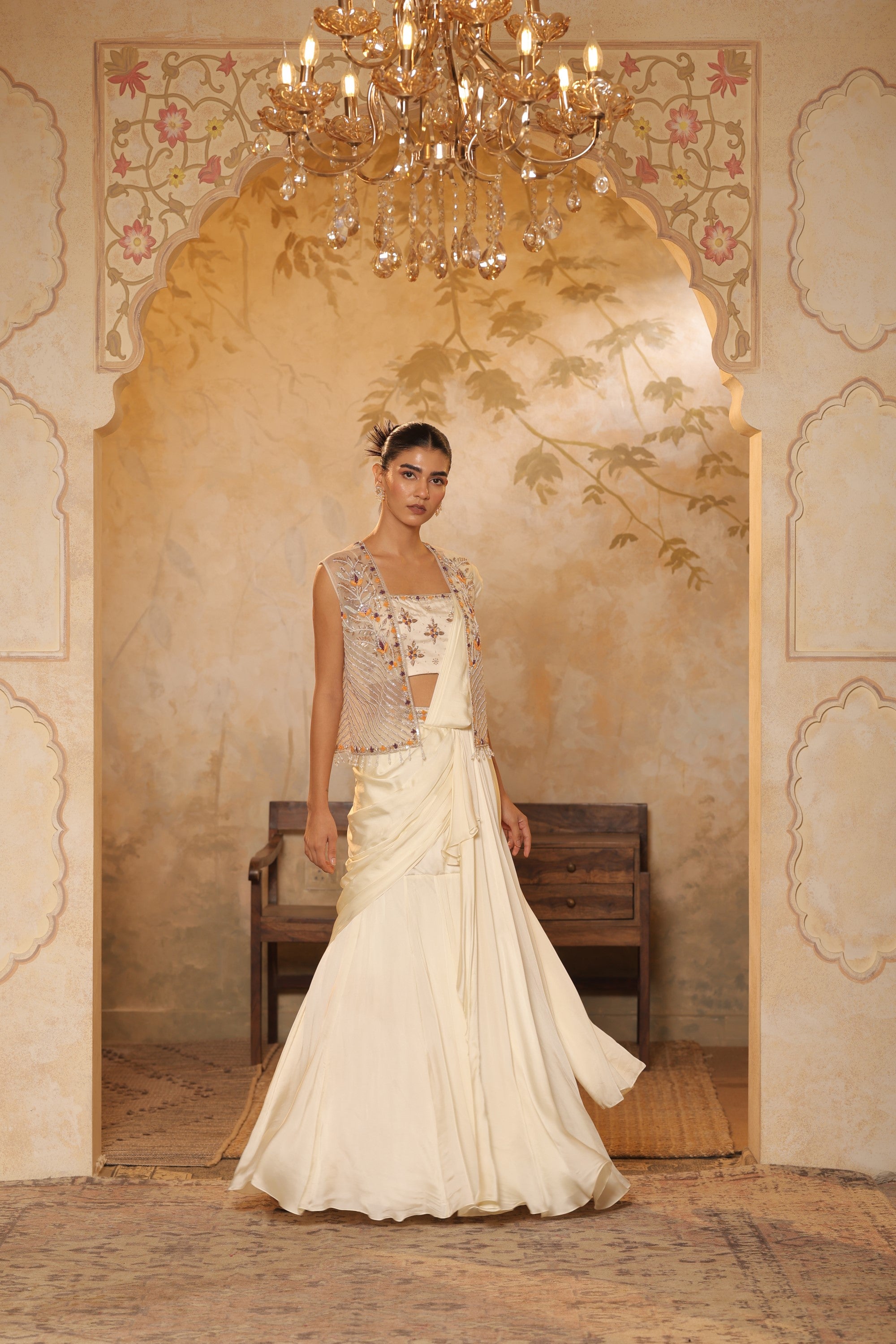 Ivory Georgette Saree with Embroiderd Cape - Designer Wedding Wear