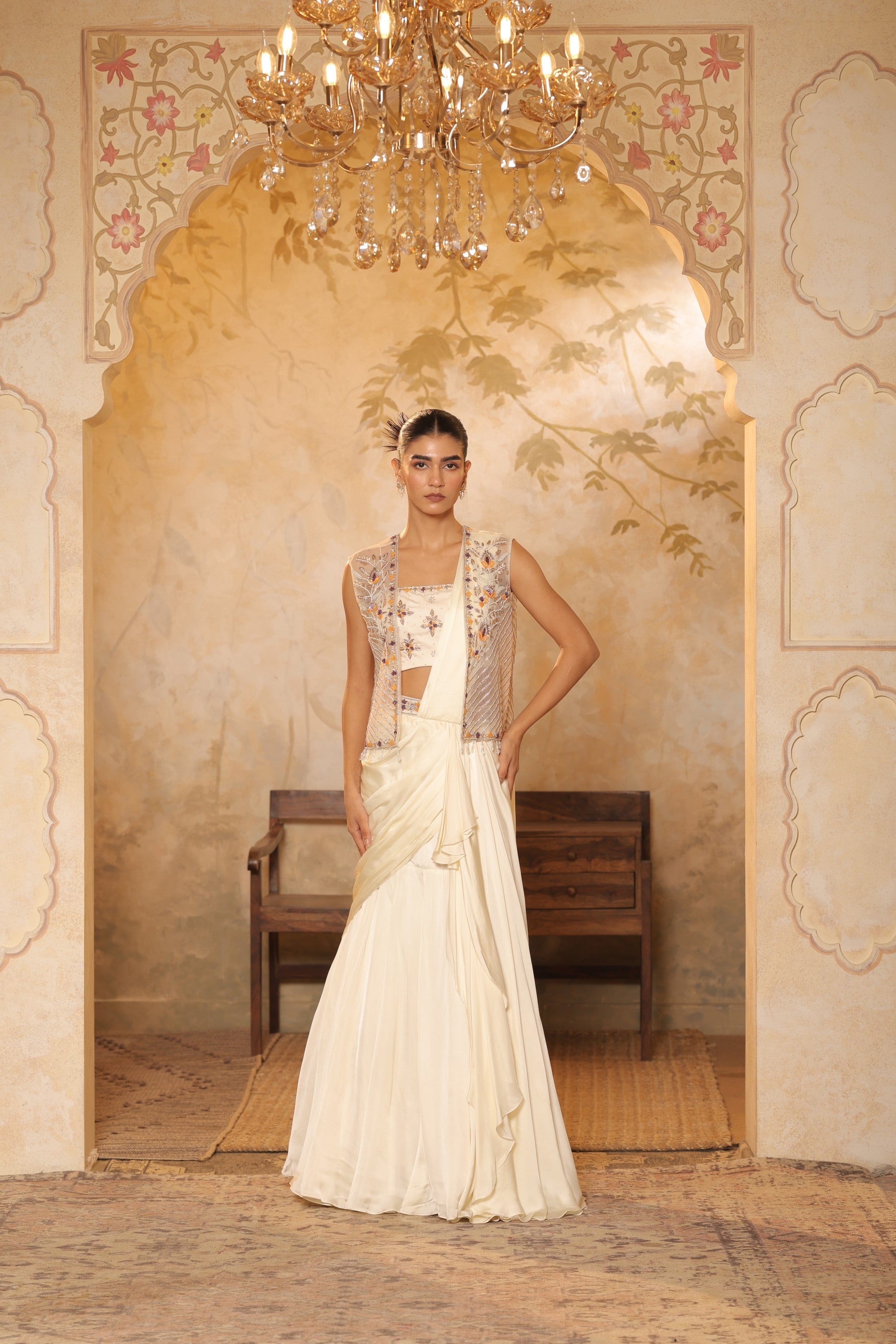 Ivory Georgette Saree with Embroiderd Cape - Designer Wedding Wear