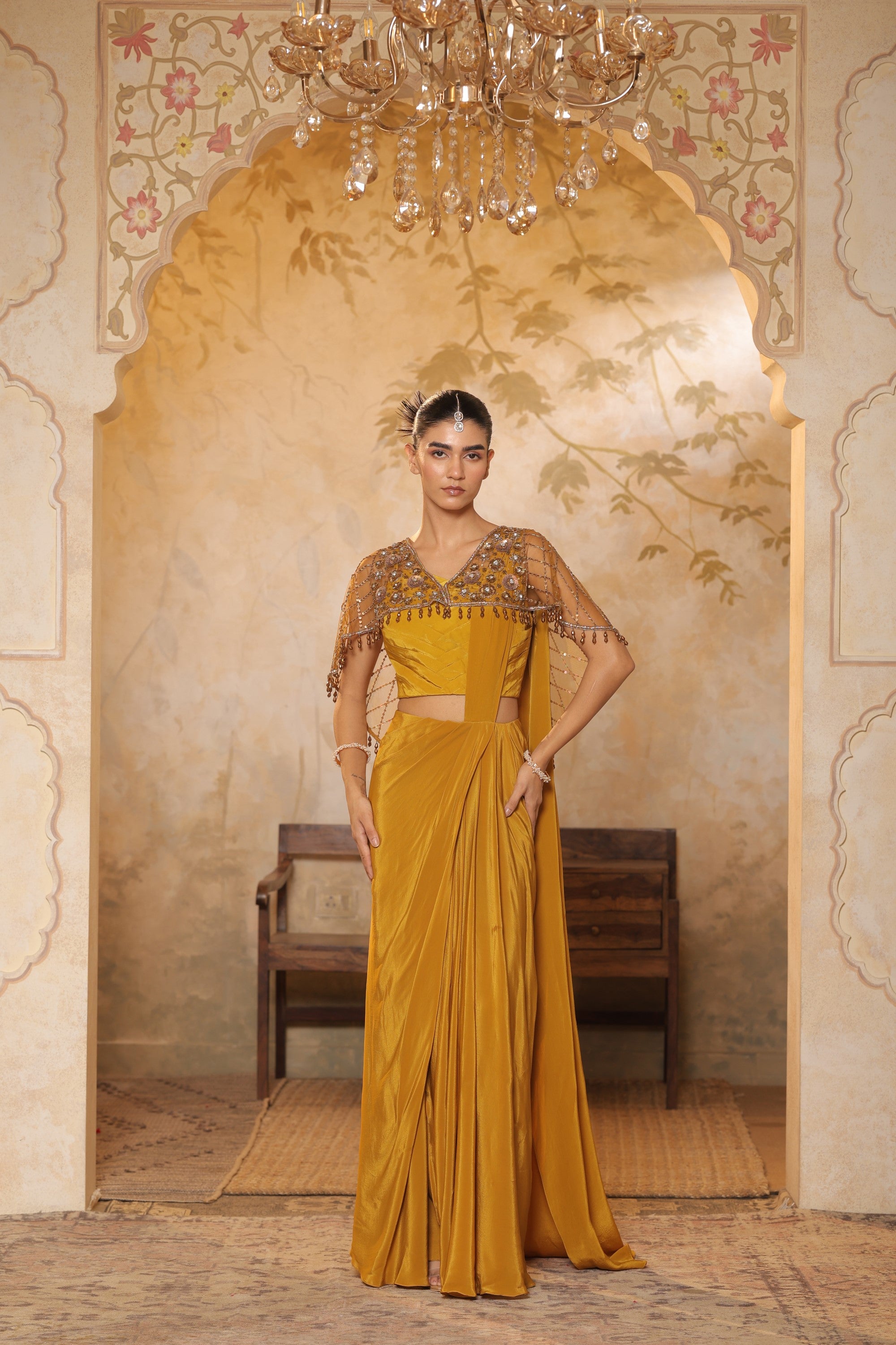 Golden Yellow Crepe Saree wih Embroidered Cape - Designer Reception Wear