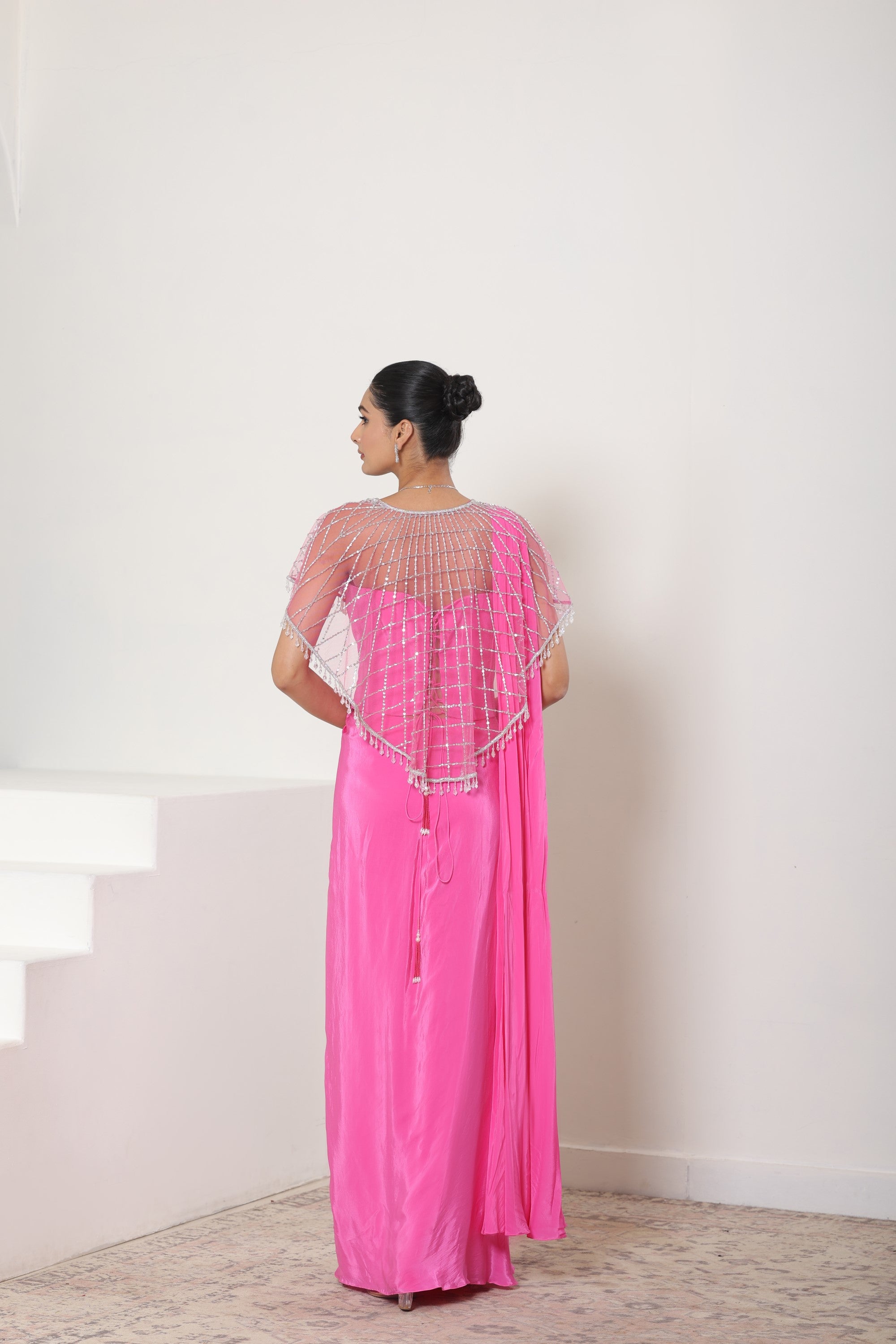 Pink Crepe Saree with Designer Cape - Premium Reception Wear