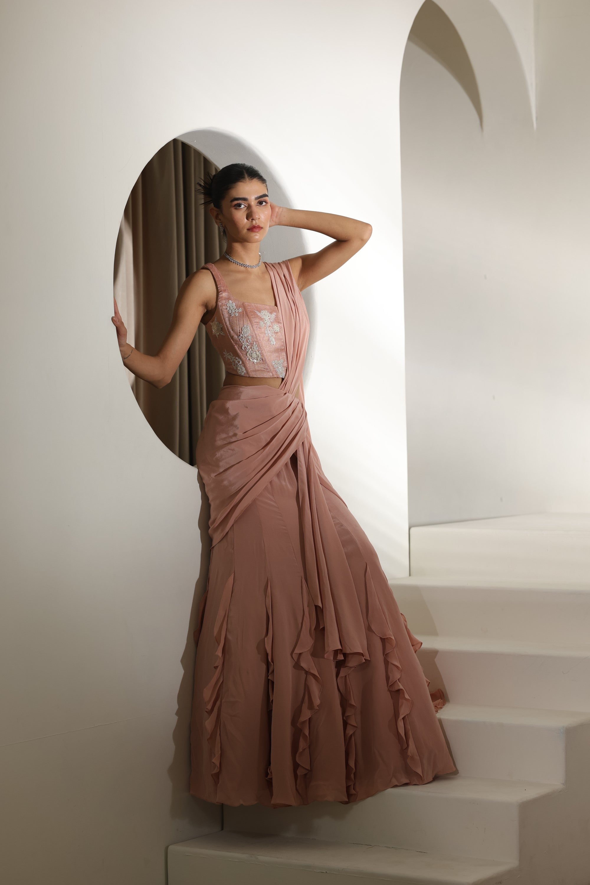 Mocha Mousse Crepe Embroidered Drape Lehenga Saree - Premium Festive Wear