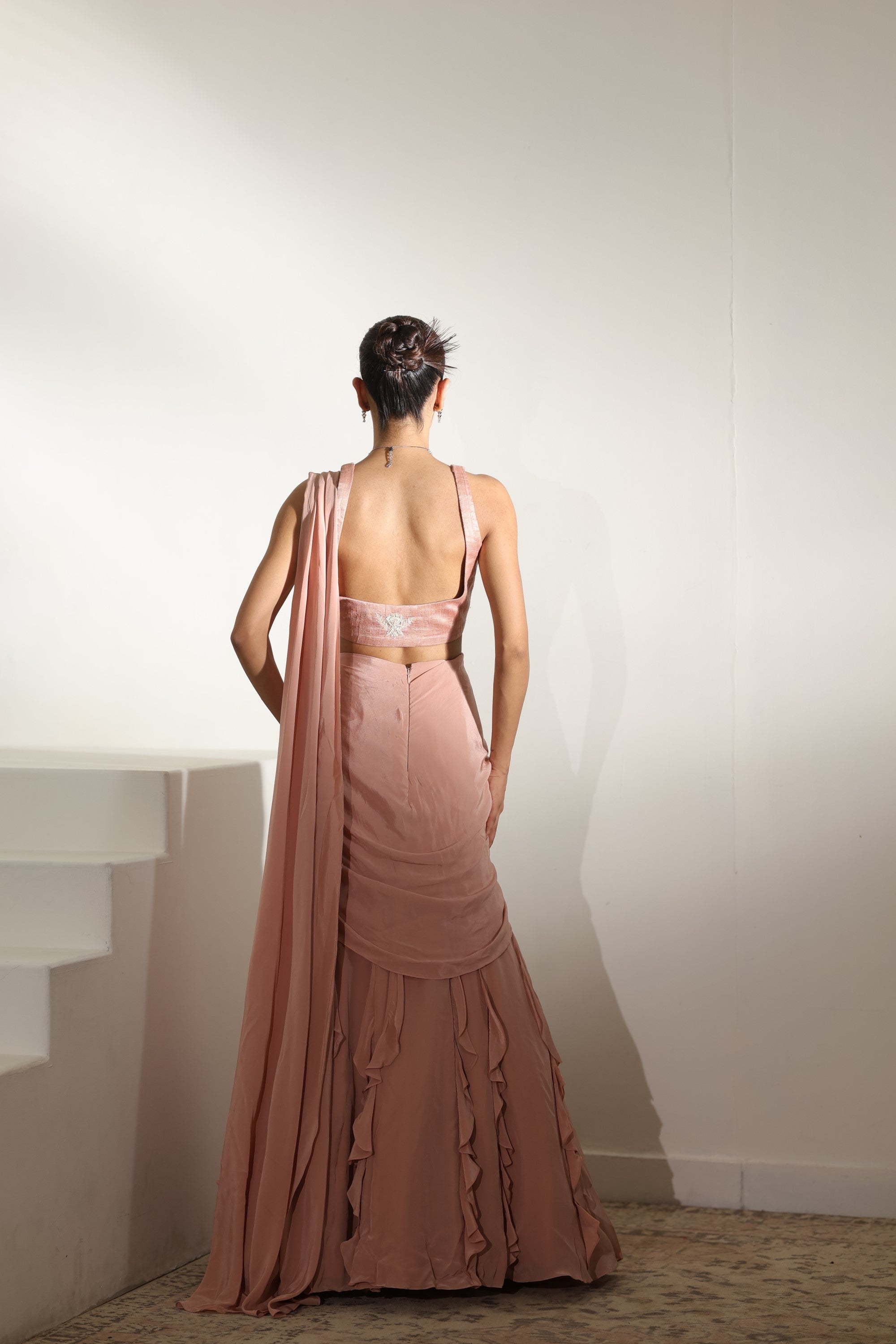 Mocha Mousse Crepe Embroidered Drape Lehenga Saree - Premium Festive Wear
