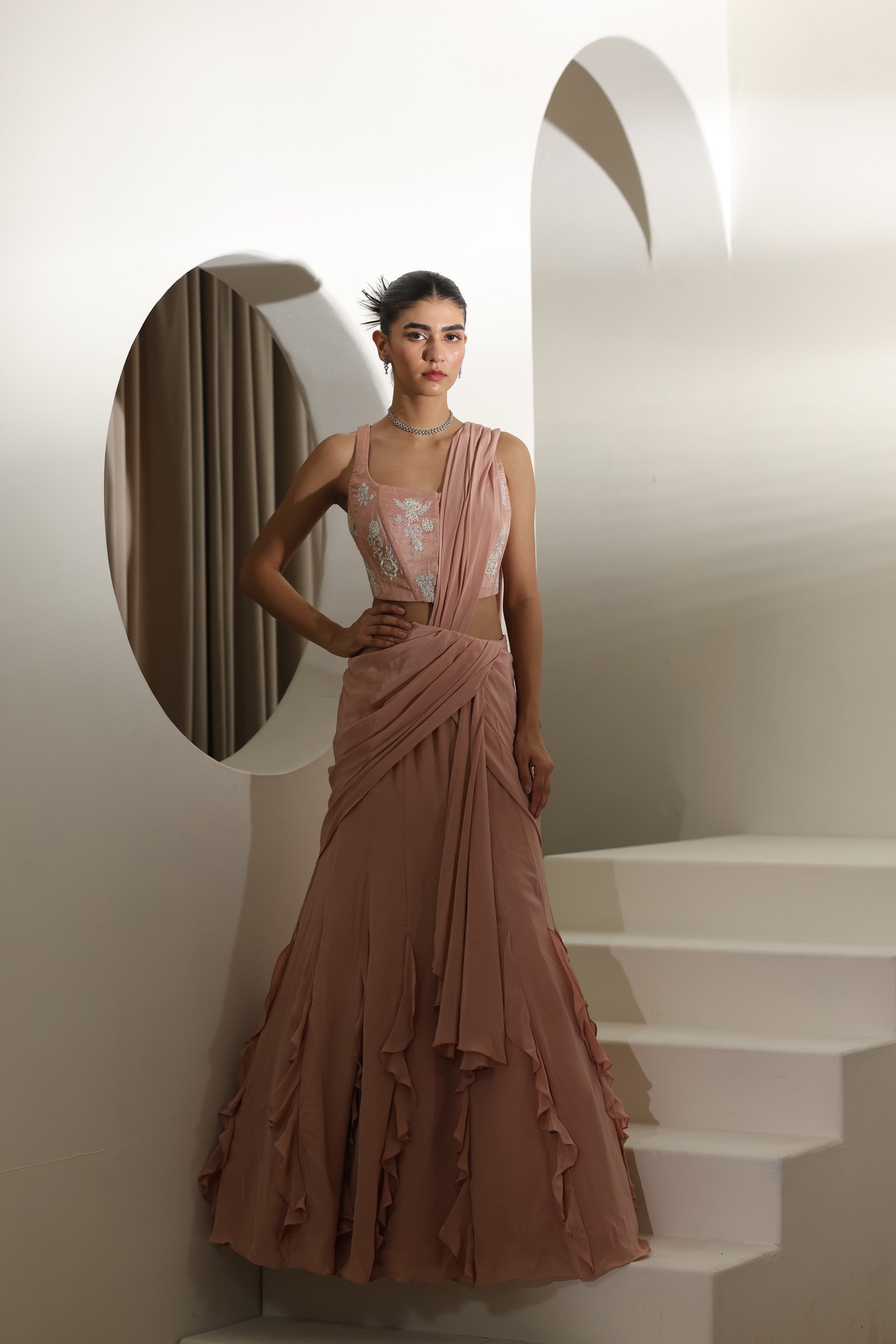 Mocha Mousse Crepe Embroidered Drape Lehenga Saree - Premium Festive Wear