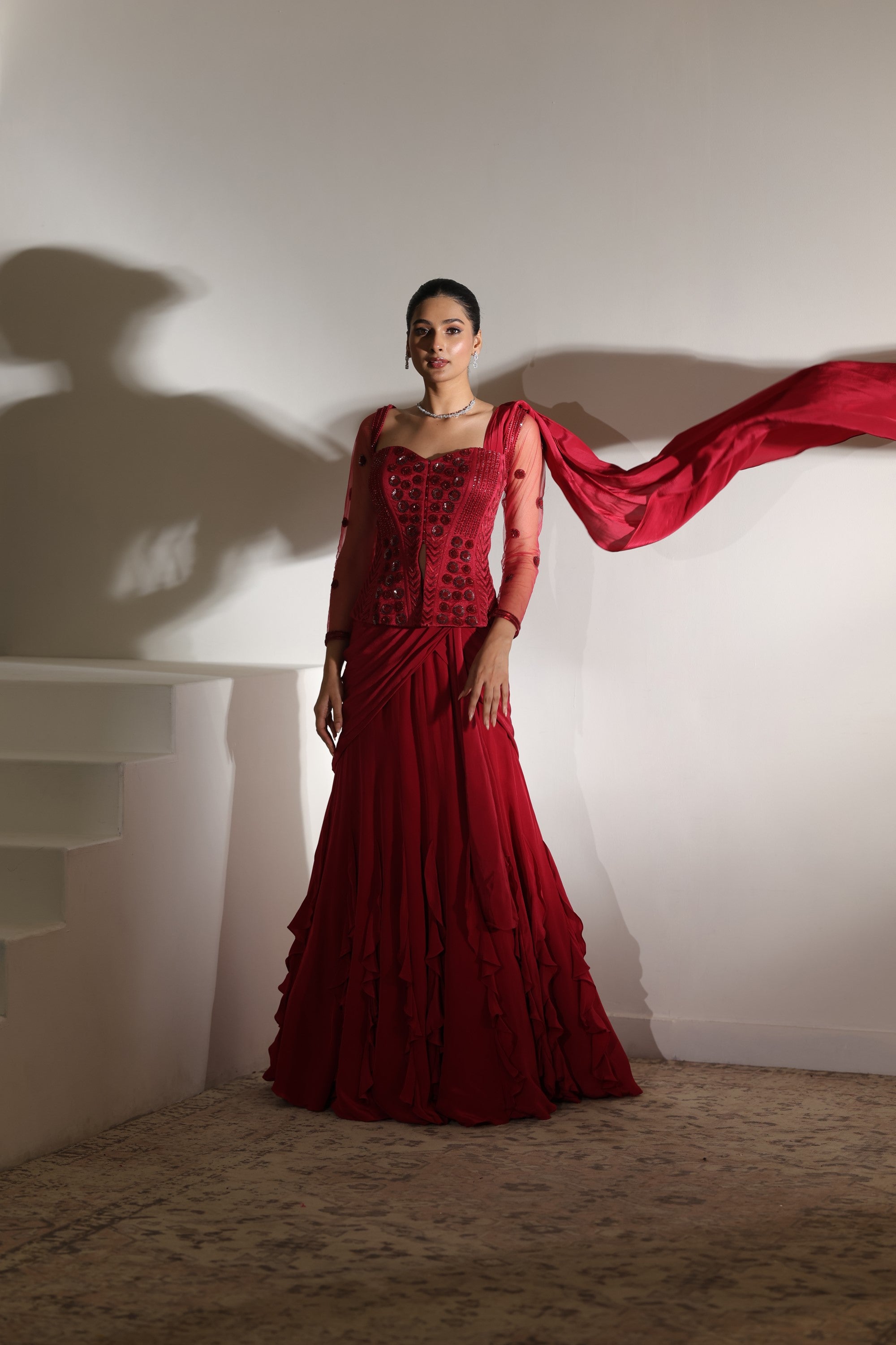 Burgundy Raw Silk & Crepe Embroided Coreset Saree - Premium Designer Wear