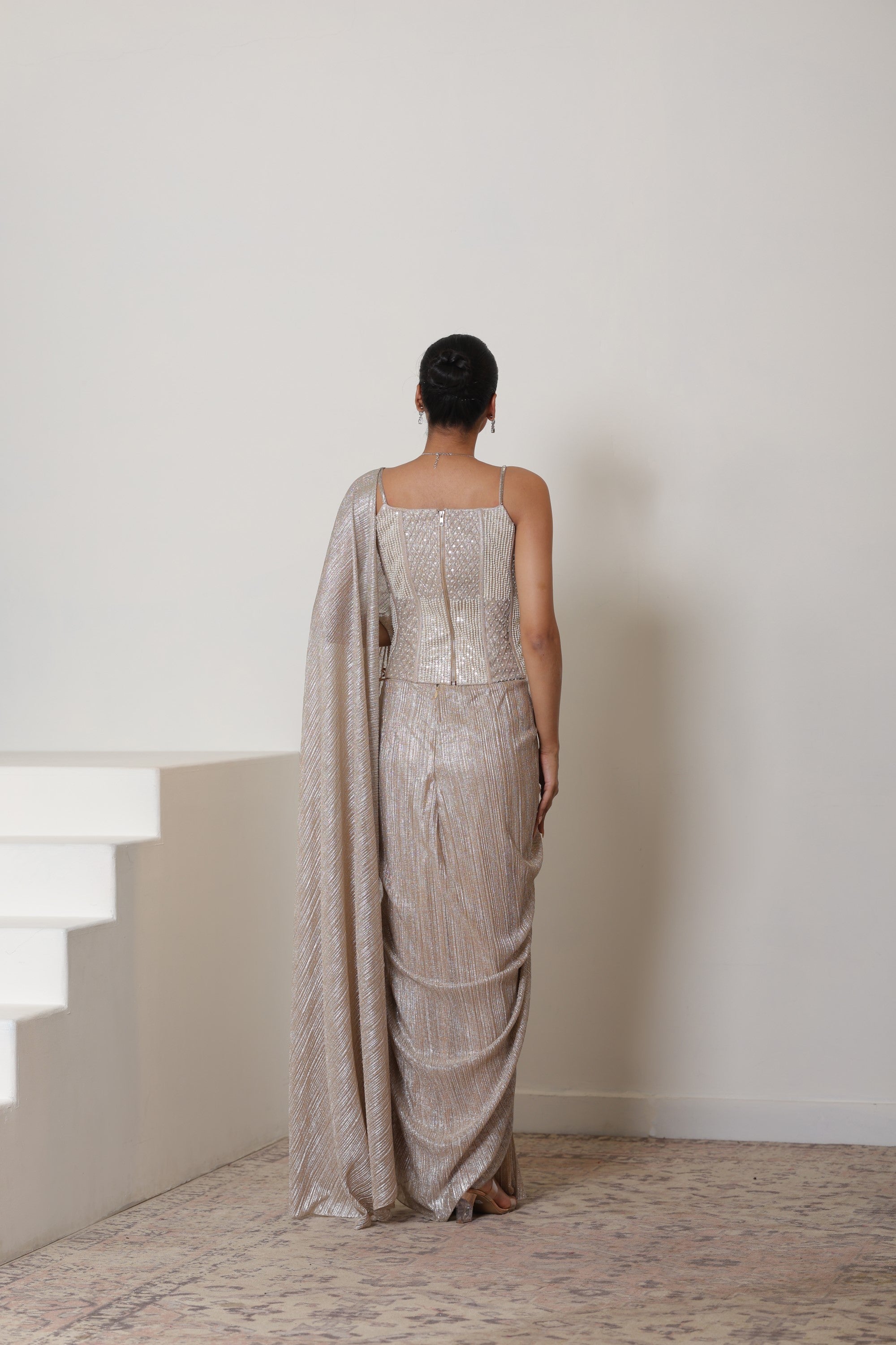 Champagne Pre Draped Metallic Lycra Crepe Saree ā Designer Cocktail Wear