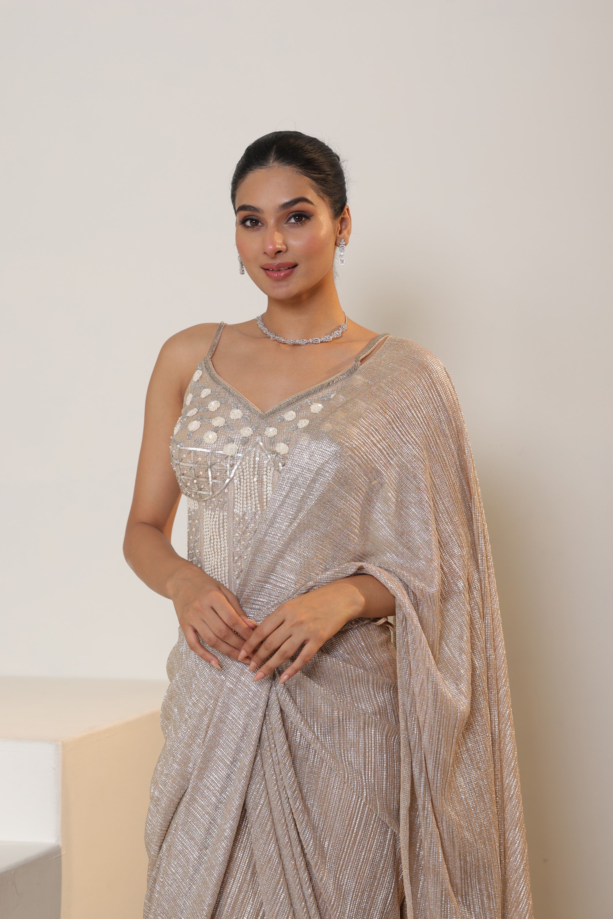 Champagne Pre Draped Metallic Lycra Crepe Saree ā Designer Cocktail Wear