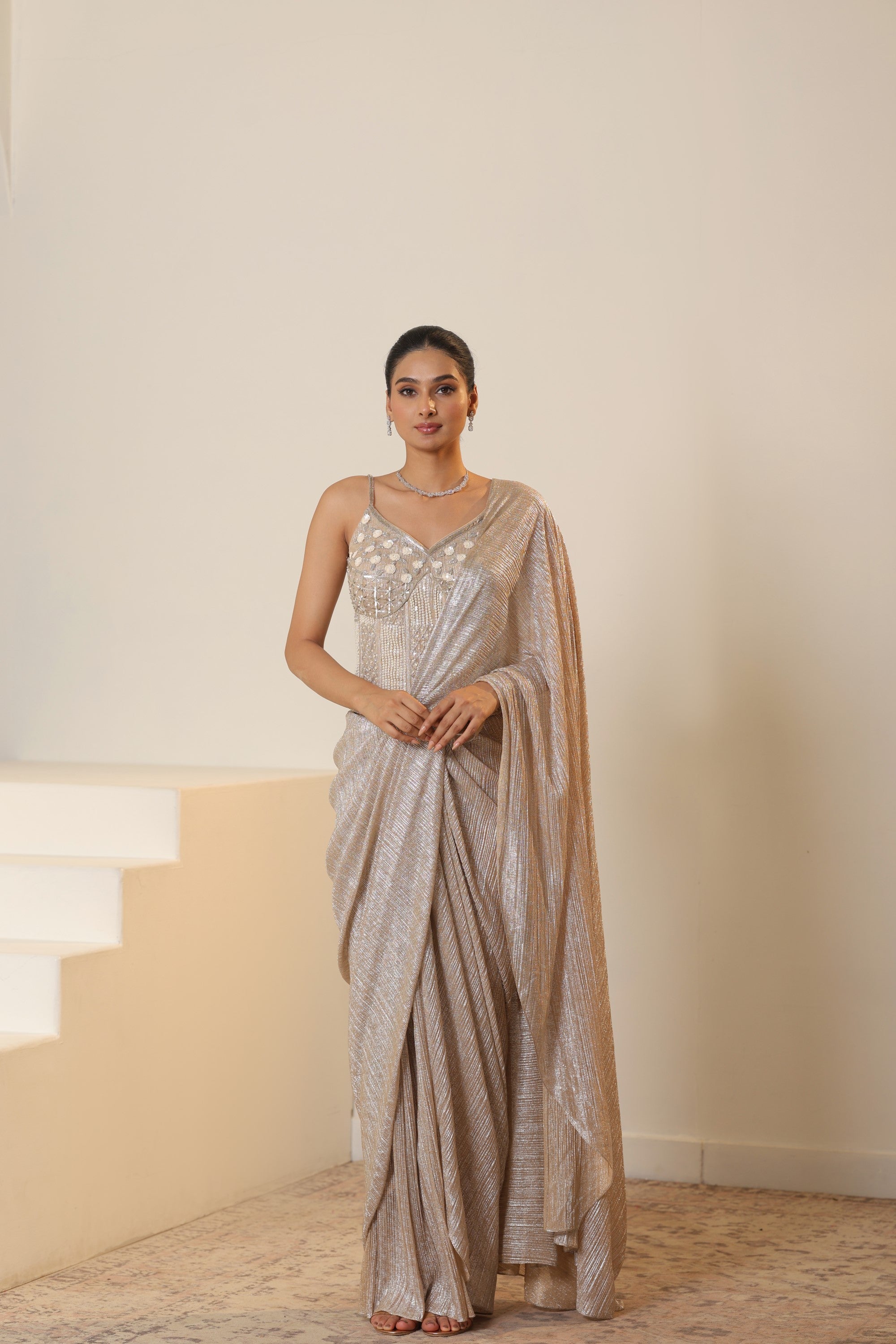 Champagne Pre Draped Metallic Lycra Crepe Saree – Designer Cocktail Wear