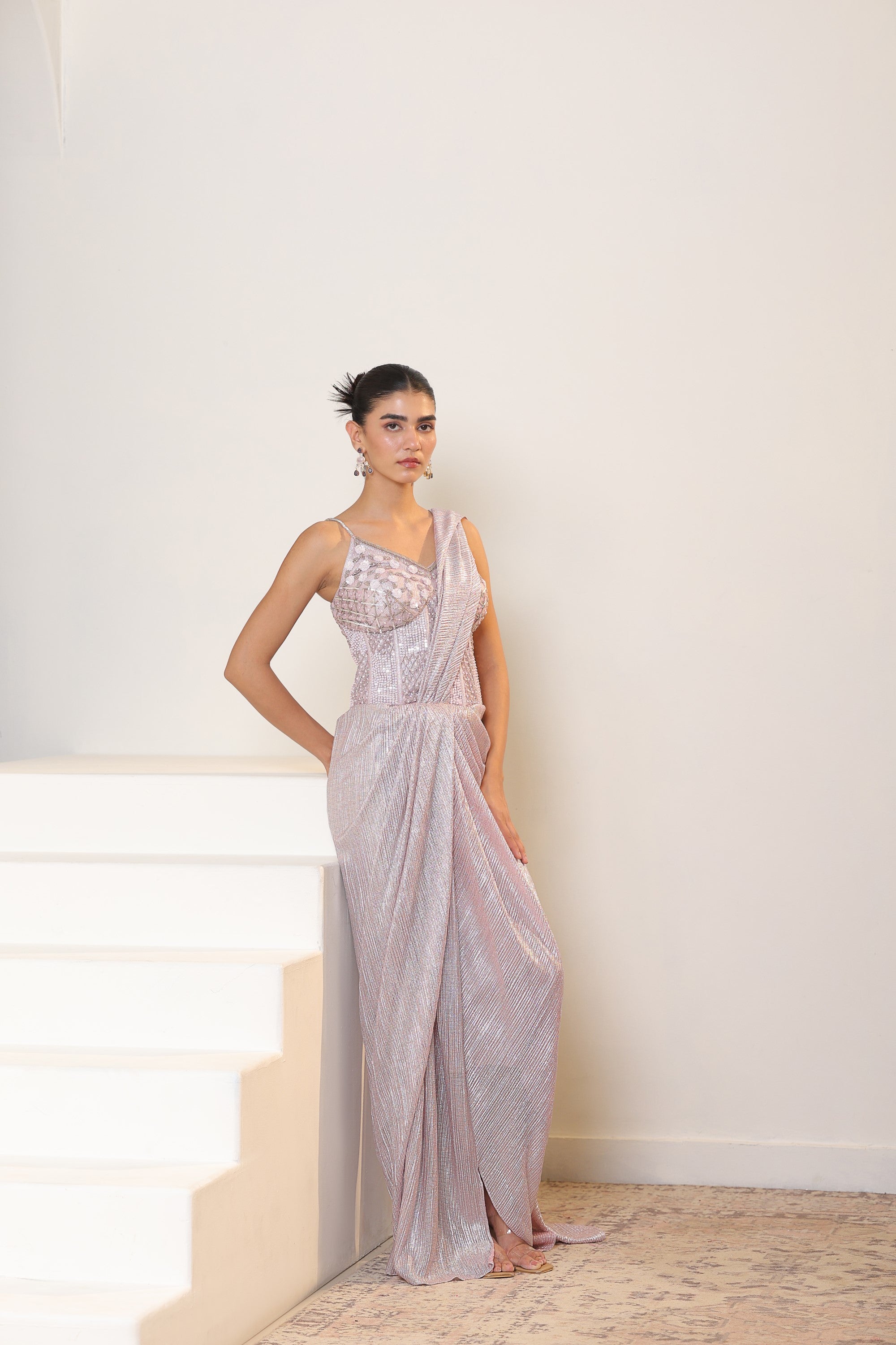 Pink Metallic Lycra Crepe Saree - Premium Reseption Wear