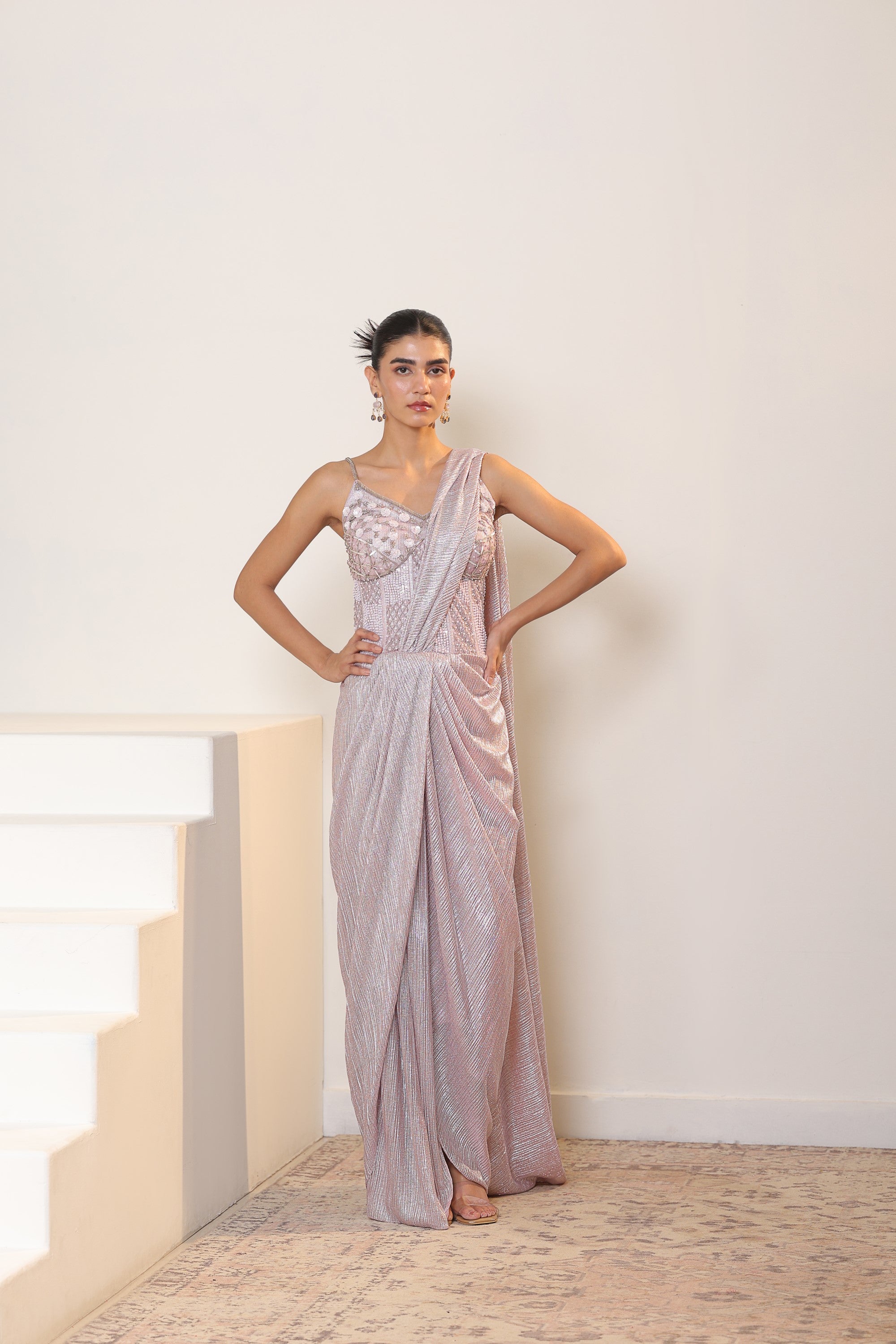 Pink Metallic Lycra Crepe Saree - Premium Reseption Wear