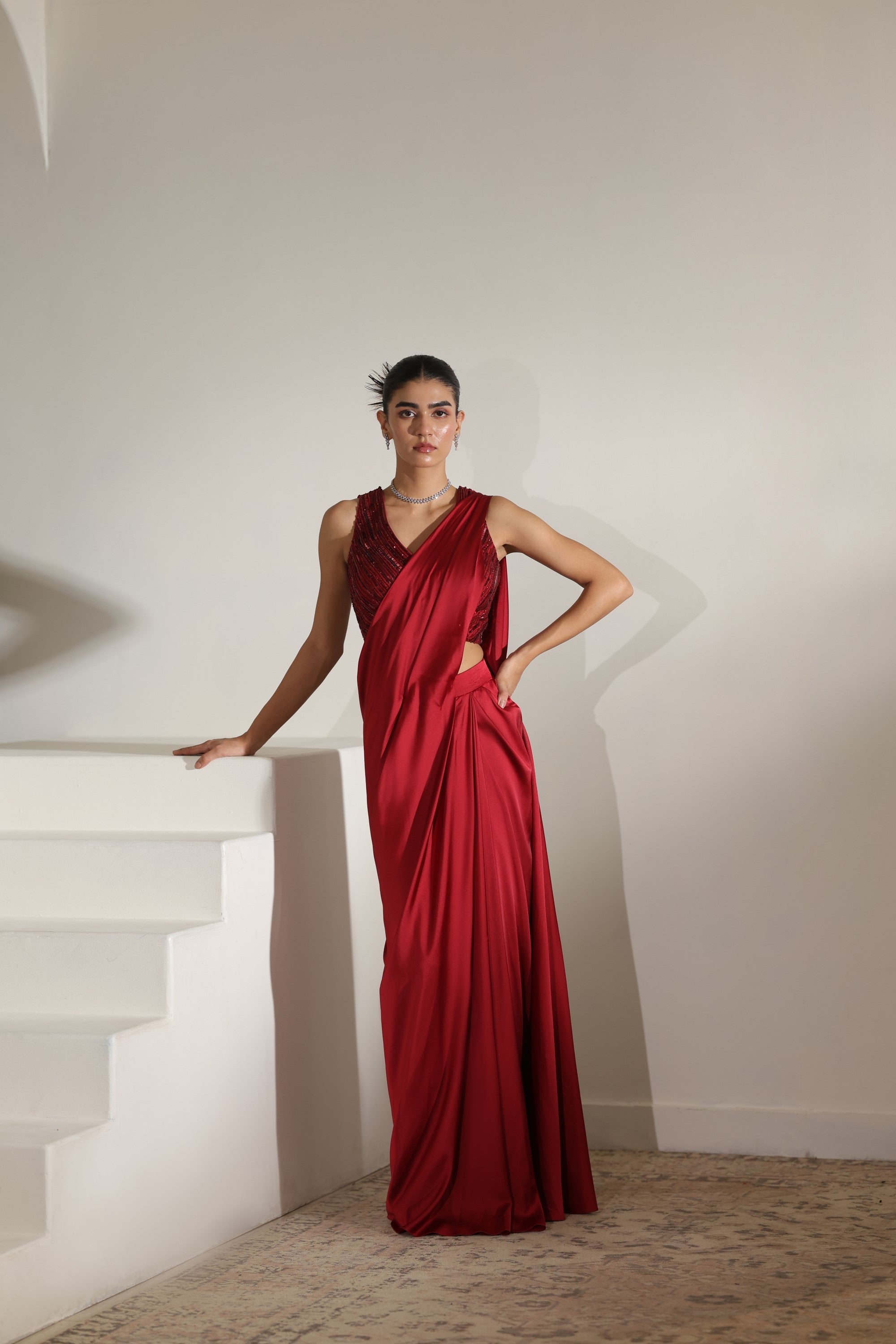 Maroon Satin Embroidered Draped Saree - Elegant Wedding Wear