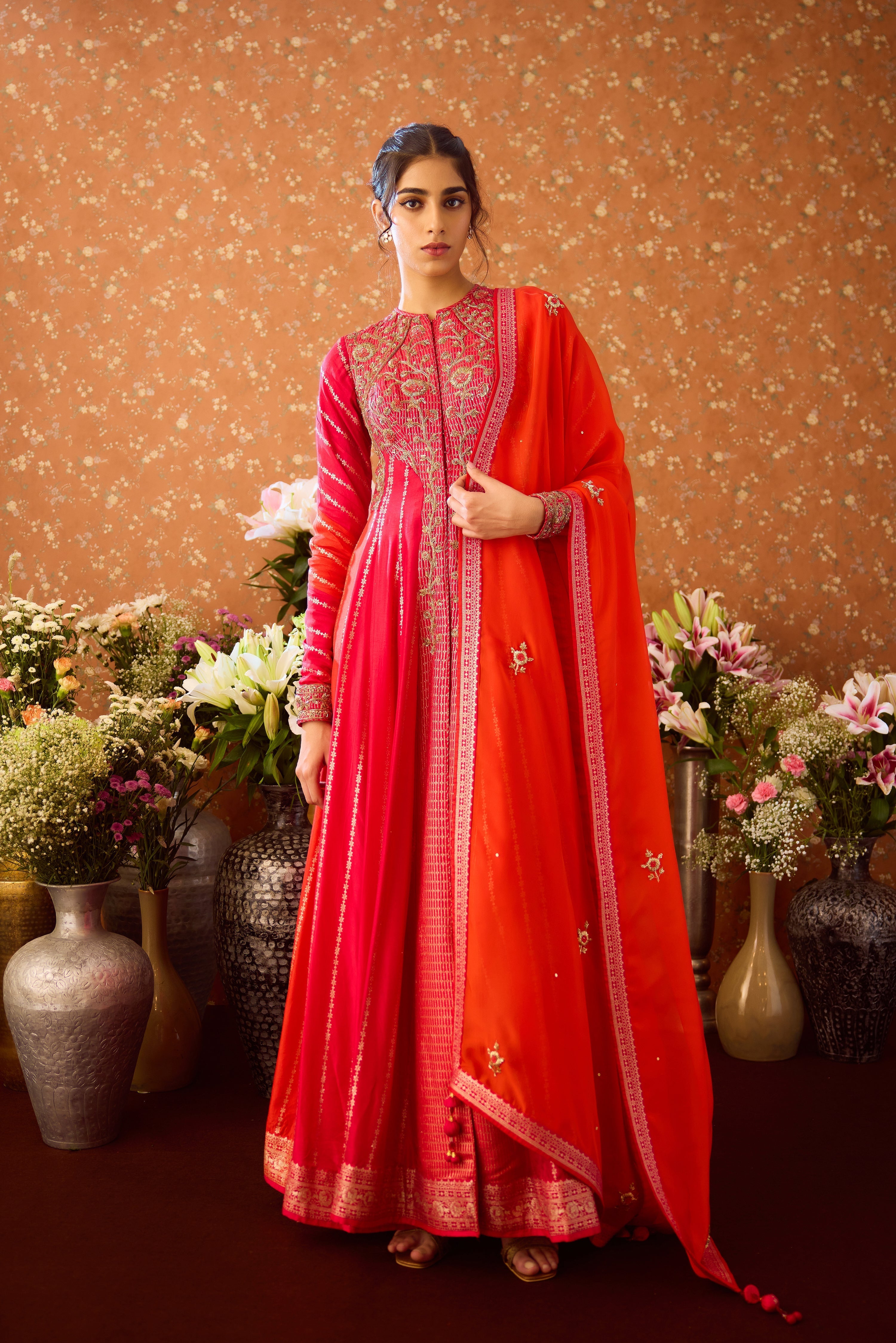 Mandarin Maroon Anarkali Suit