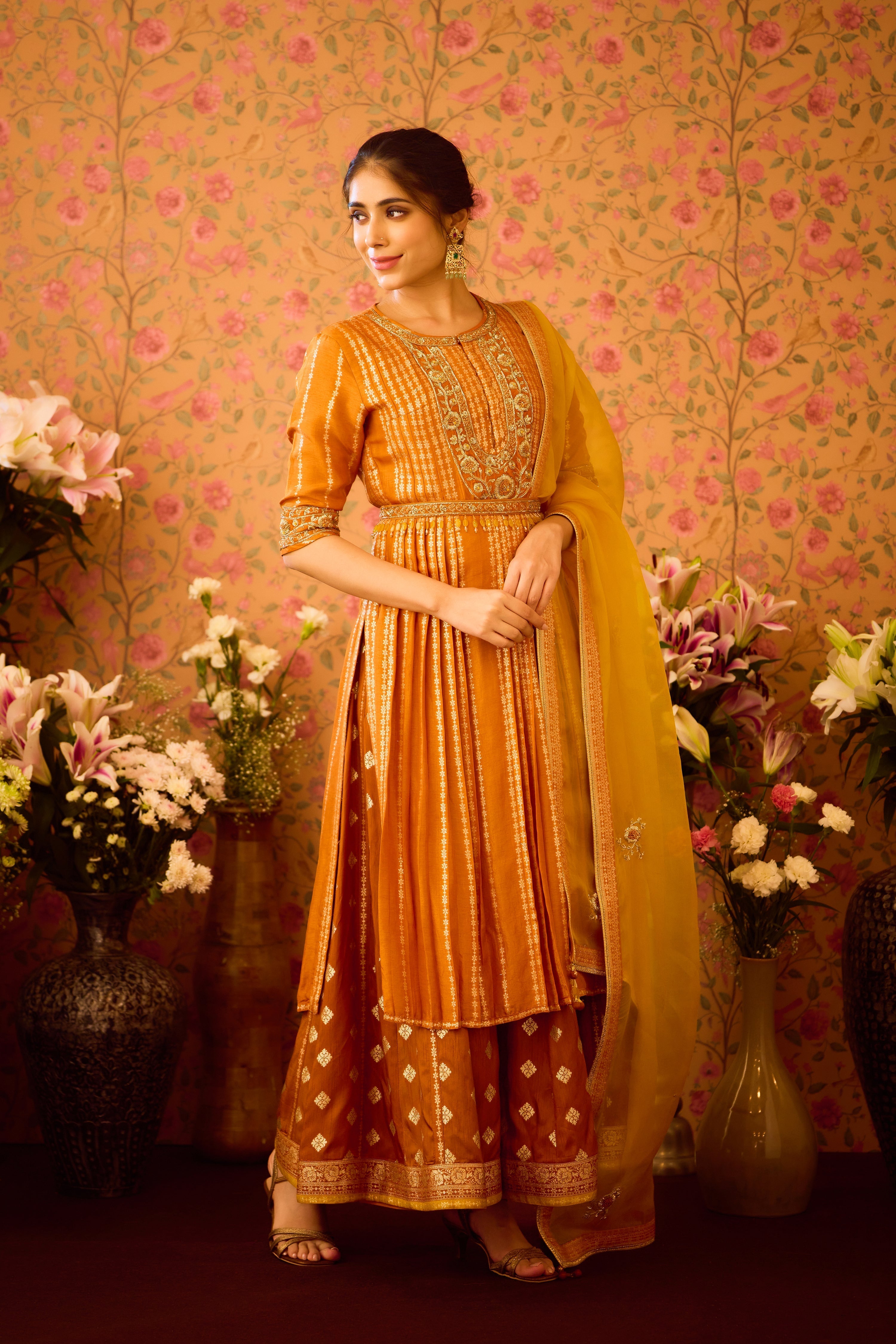 Amber Glow Yellow Mustard Kurta Flared Pant Set