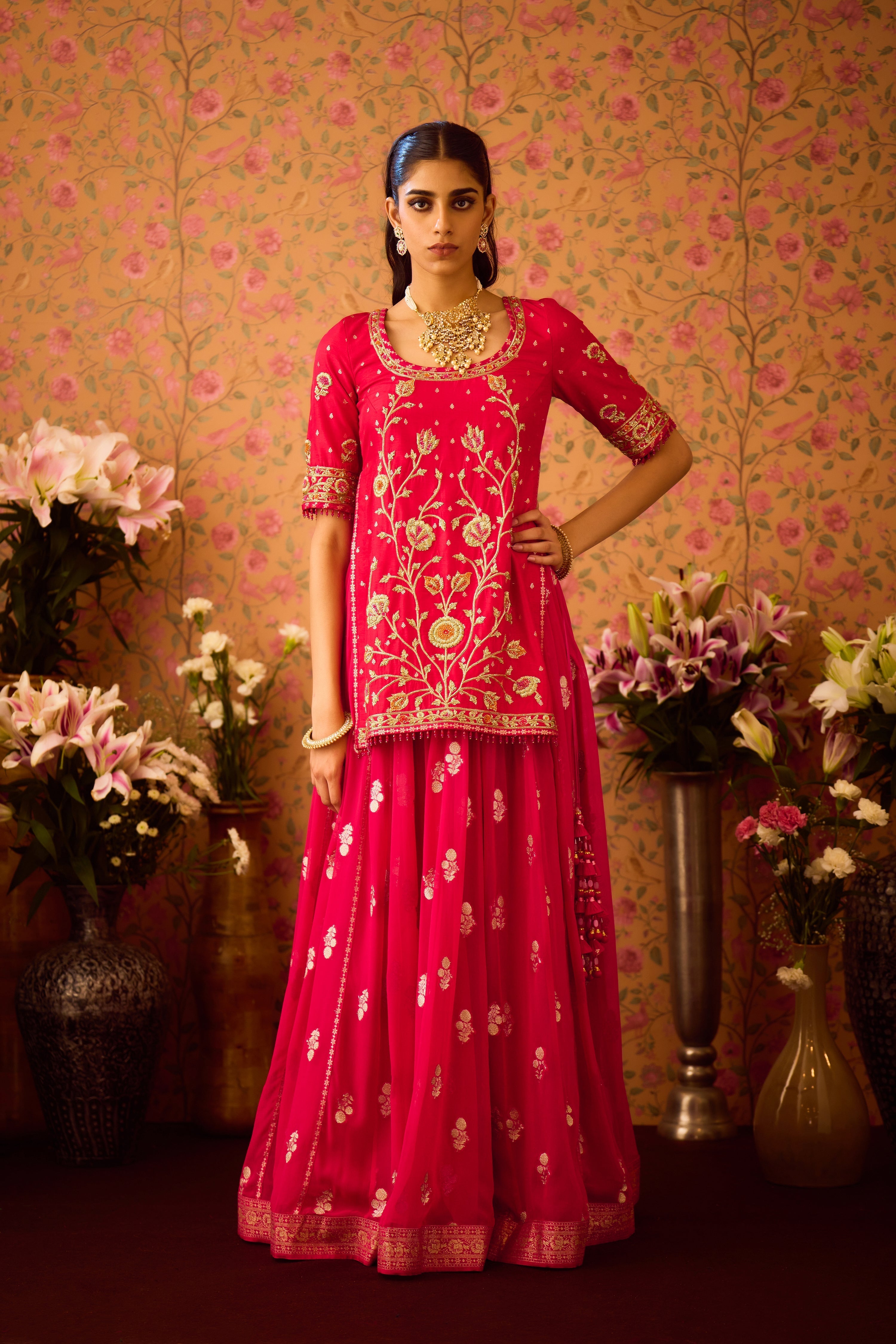 Scarlet Red Maroon Kurta Skirt Set