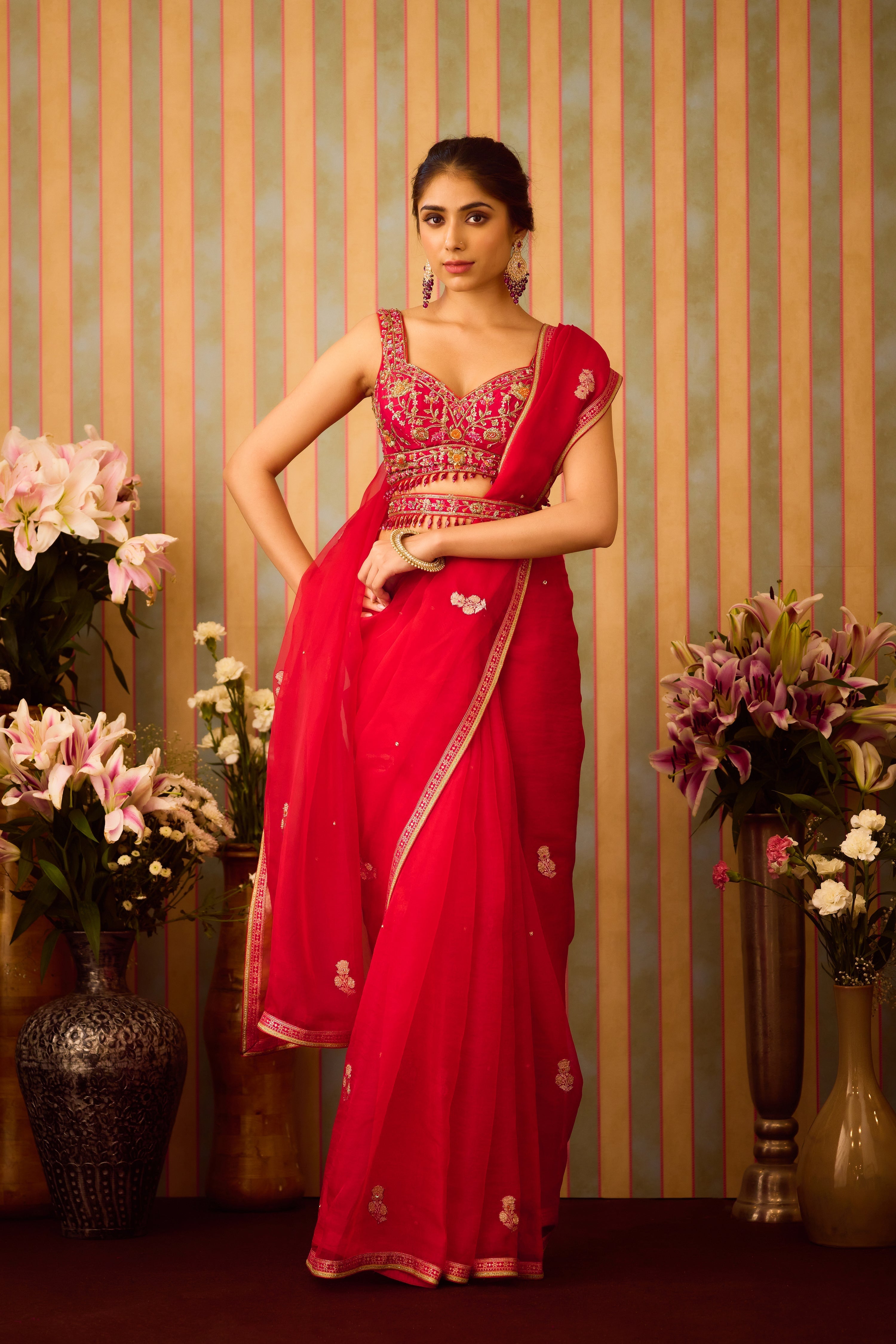 Scarlet Red Maroon Saree Set
