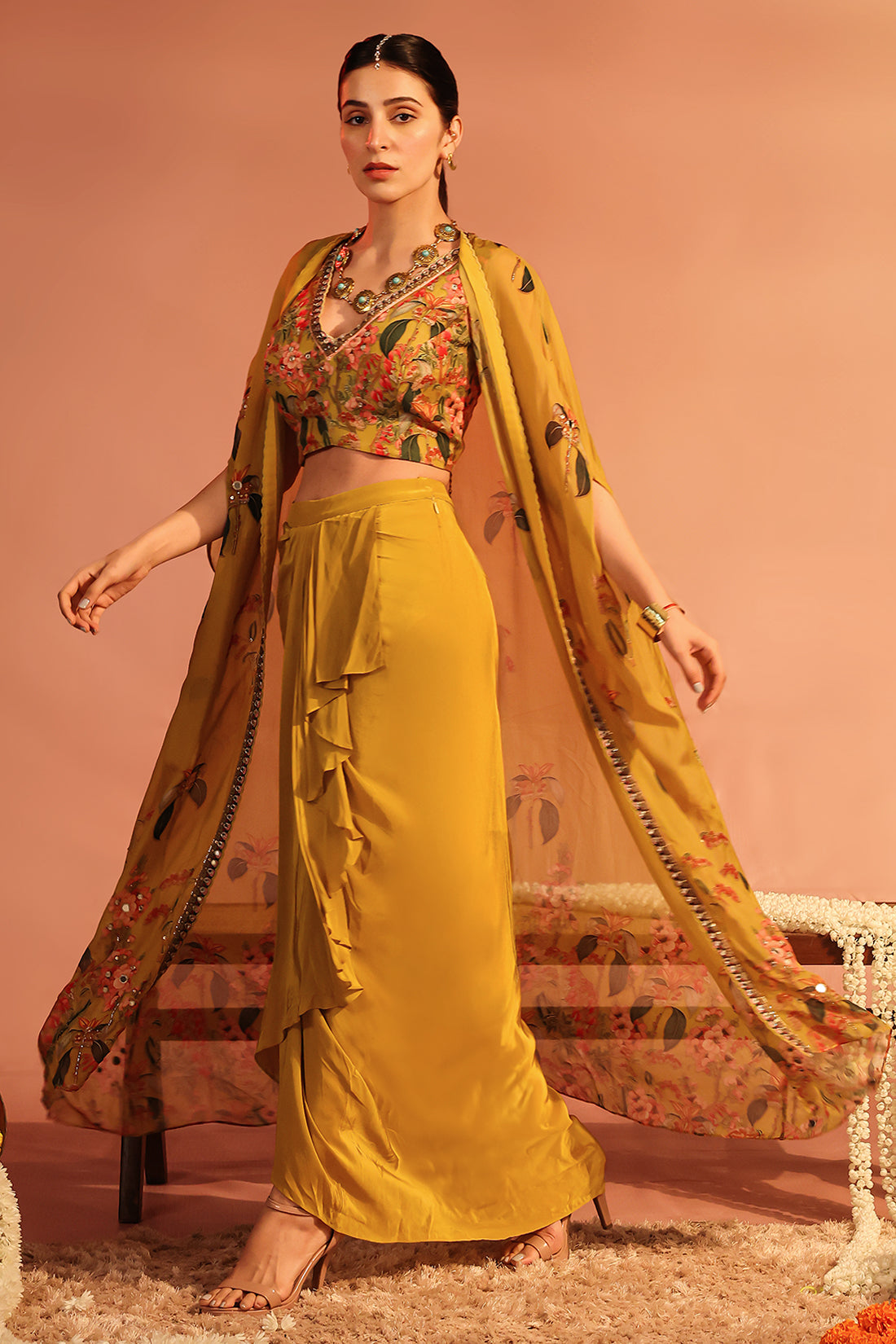 Tamaya Embellished Drape Skirt Set with Cape