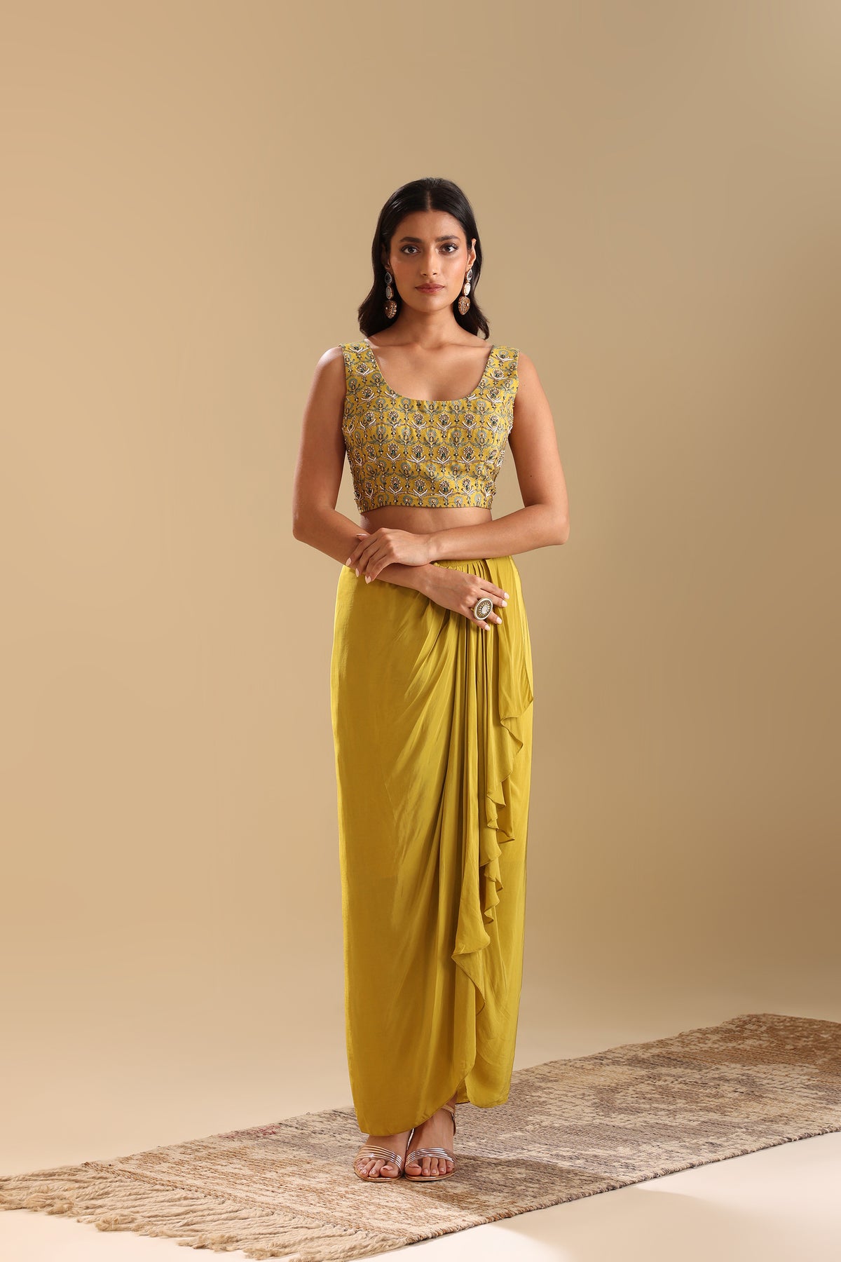 Eraya Embellished Drape Skirt Set with Cape
