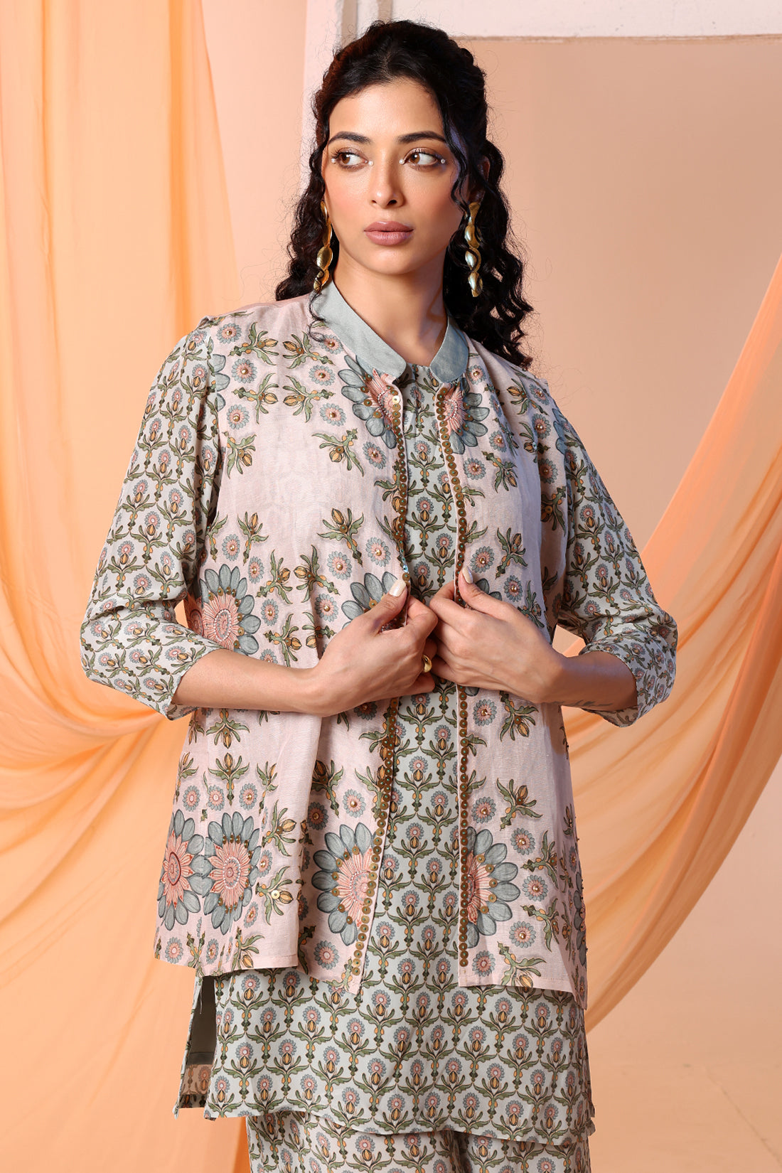 Earaya Printed Kurta Set with Embellished Jacket