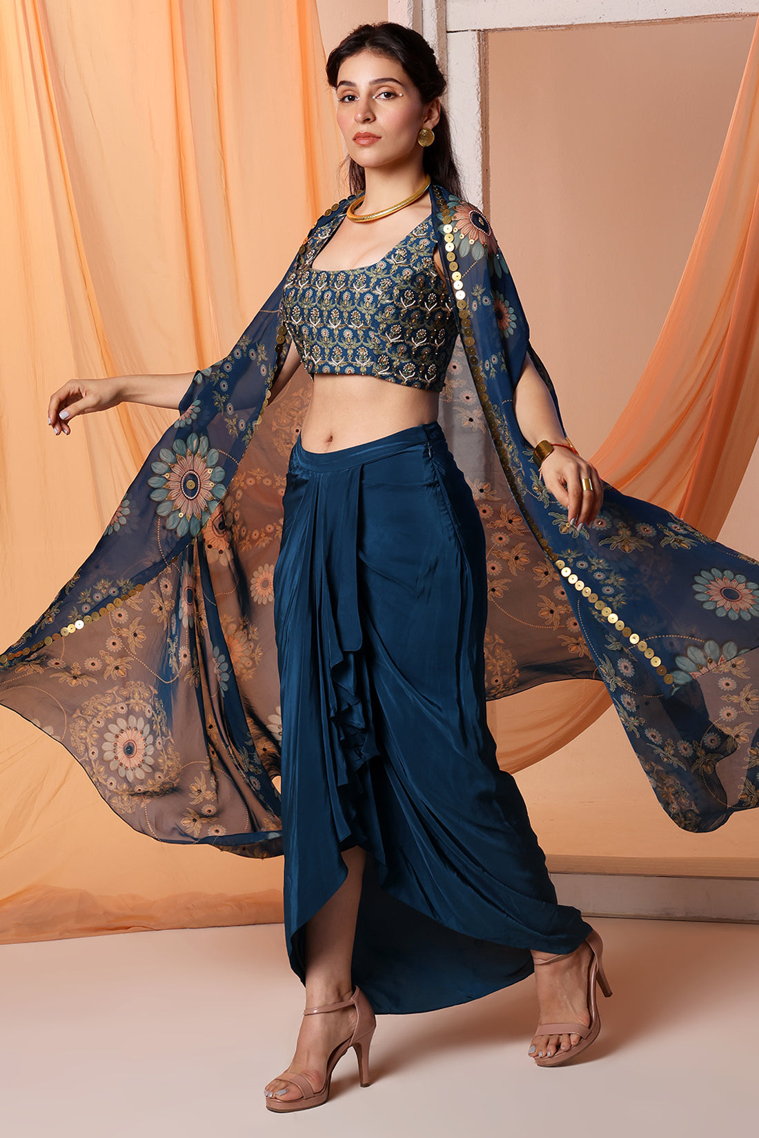 Eraya Embellished Drape Skirt Set with Cape