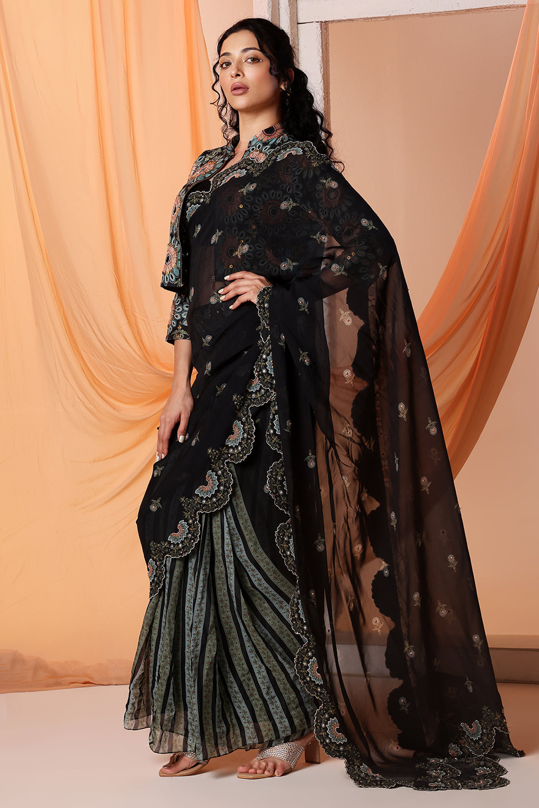 Eraya Embroidered Pre-Stitched Saree Set