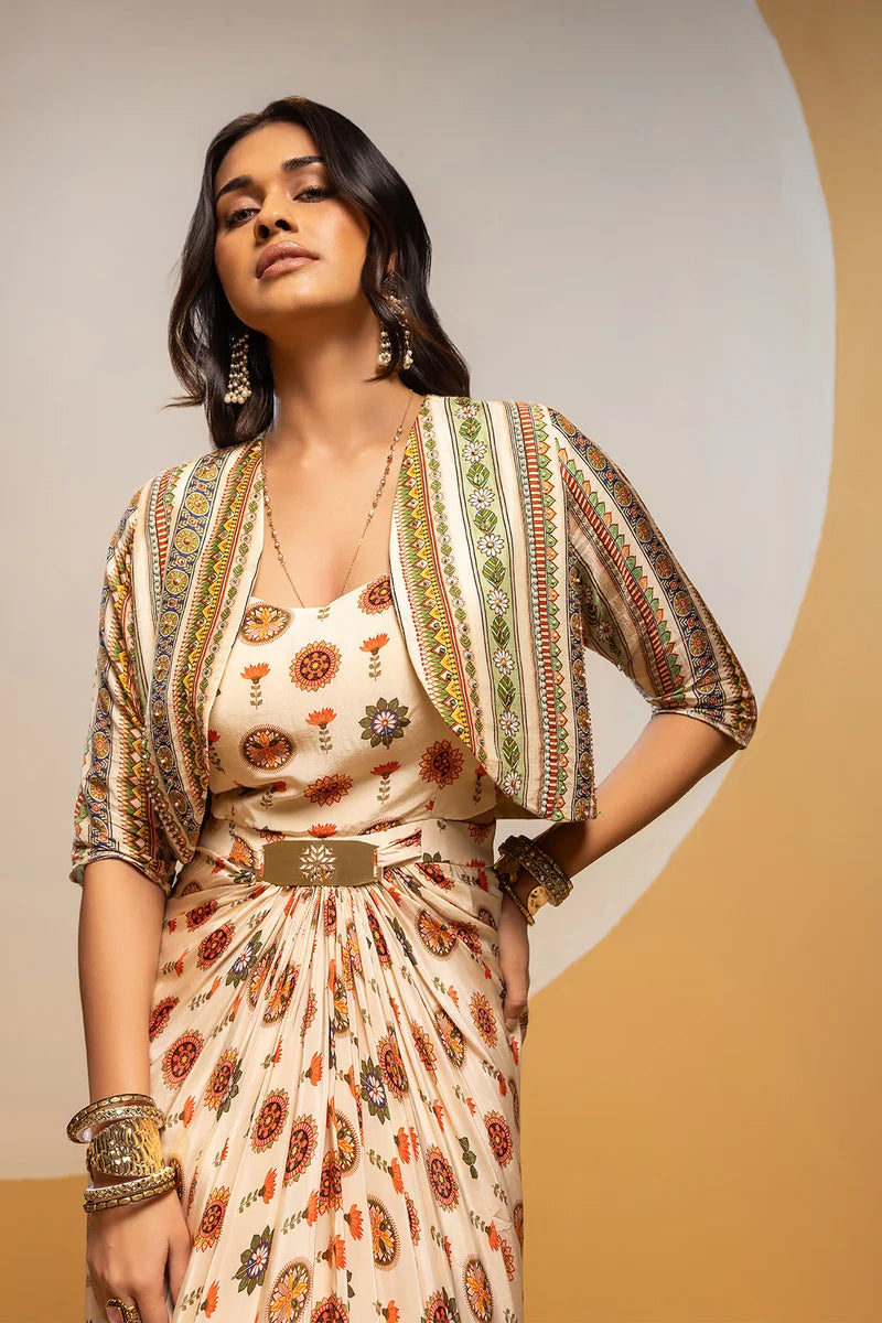 TAARANI EMBELLISHED LONG DRAPE DRESS SET