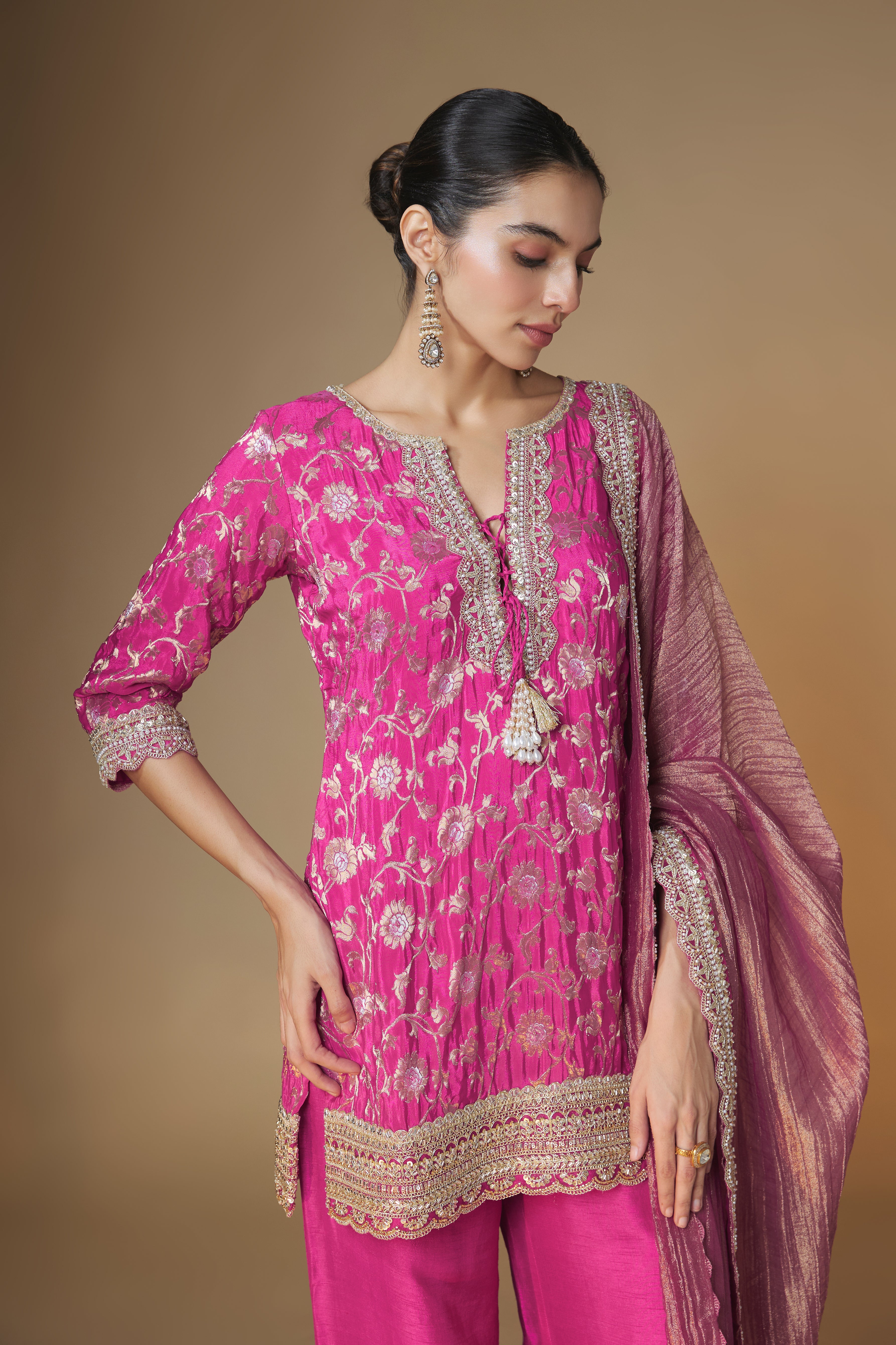 Raspberry pink benarasi jaal kurta with pallazo pants set
