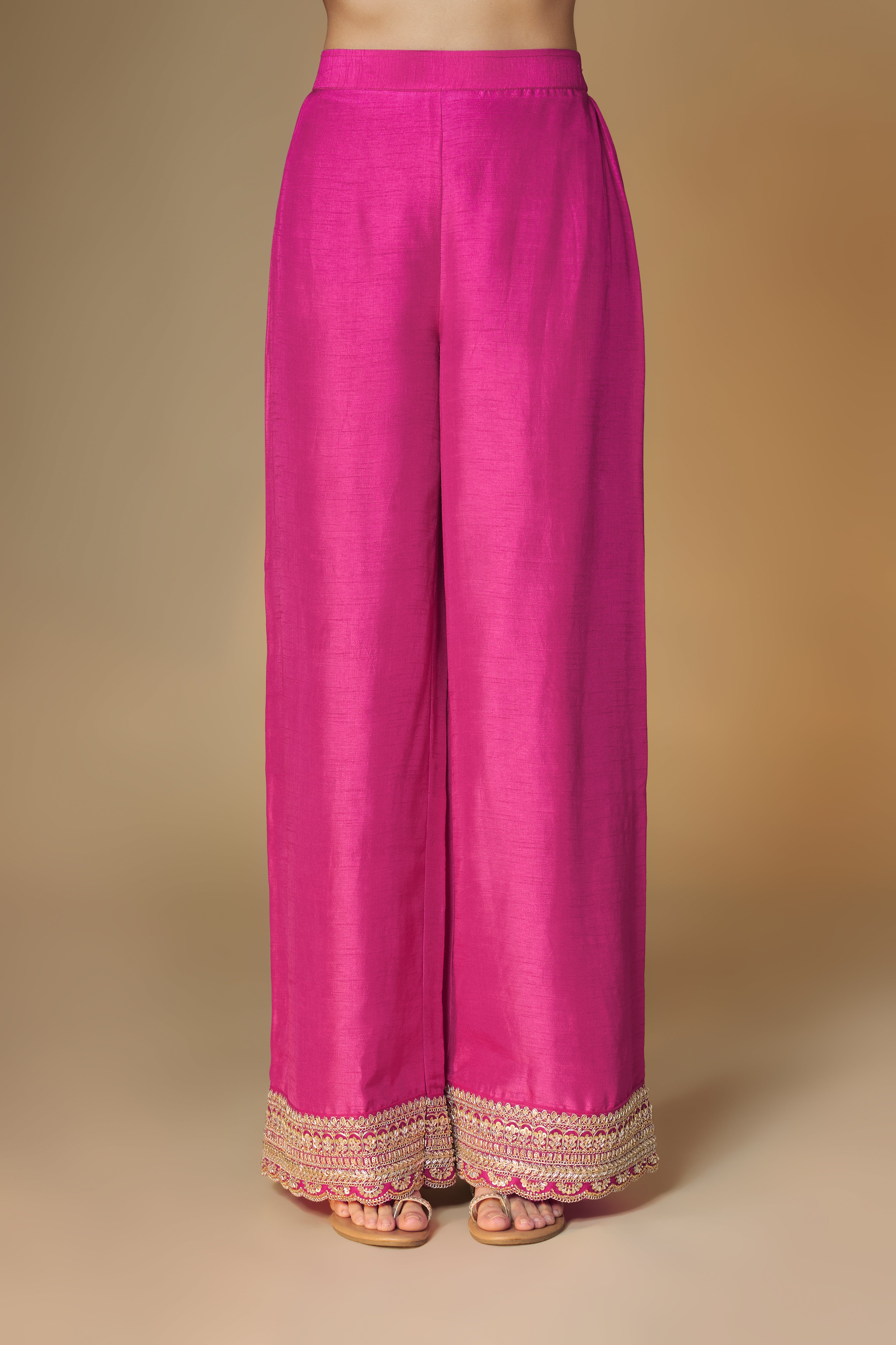 Raspberry pink benarasi jaal kurta with pallazo pants set