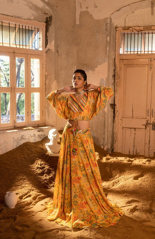 A embroidered crop top with skirt