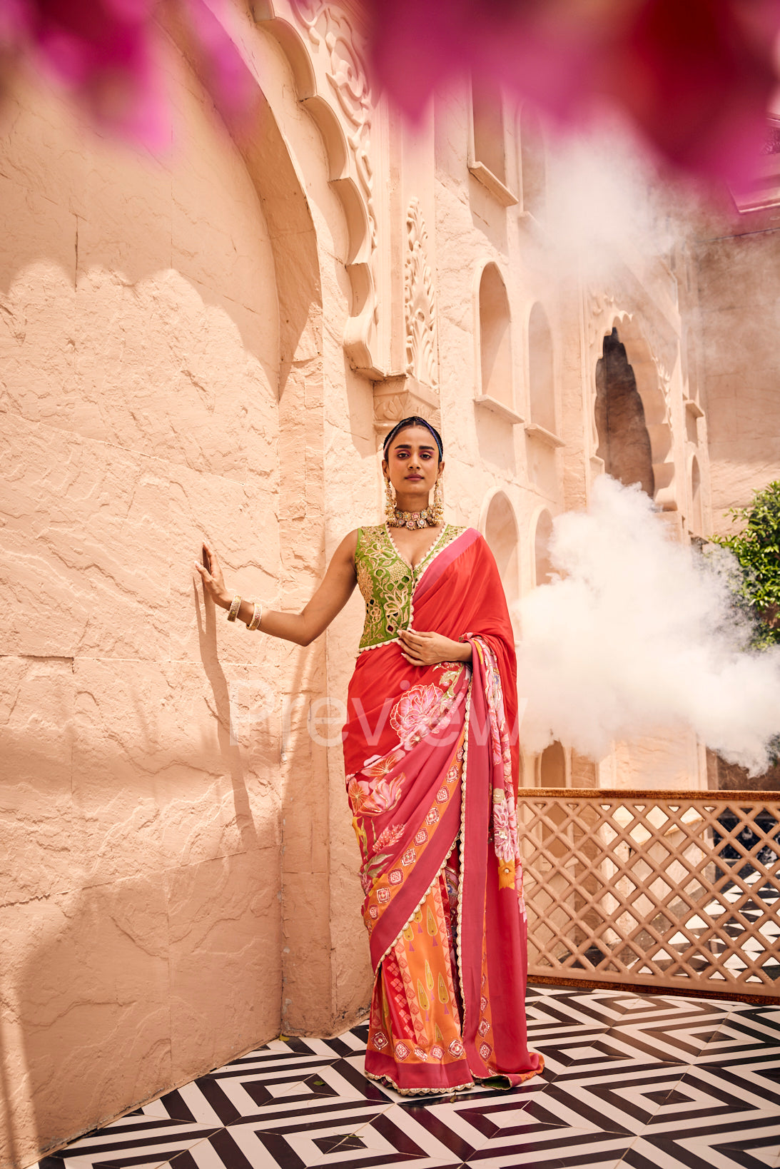 Red Saree with Green Blouse