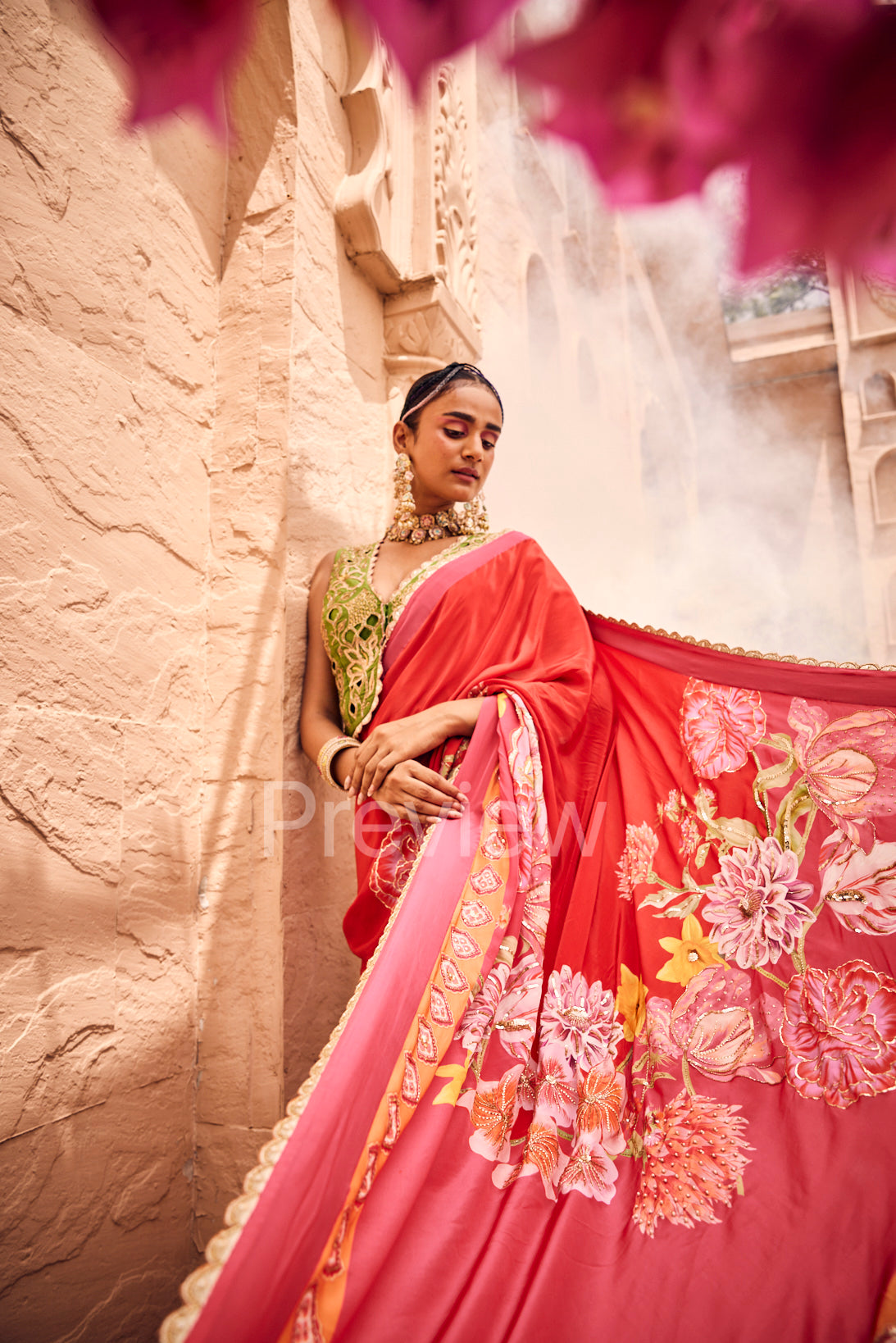 Red Saree with Green Blouse