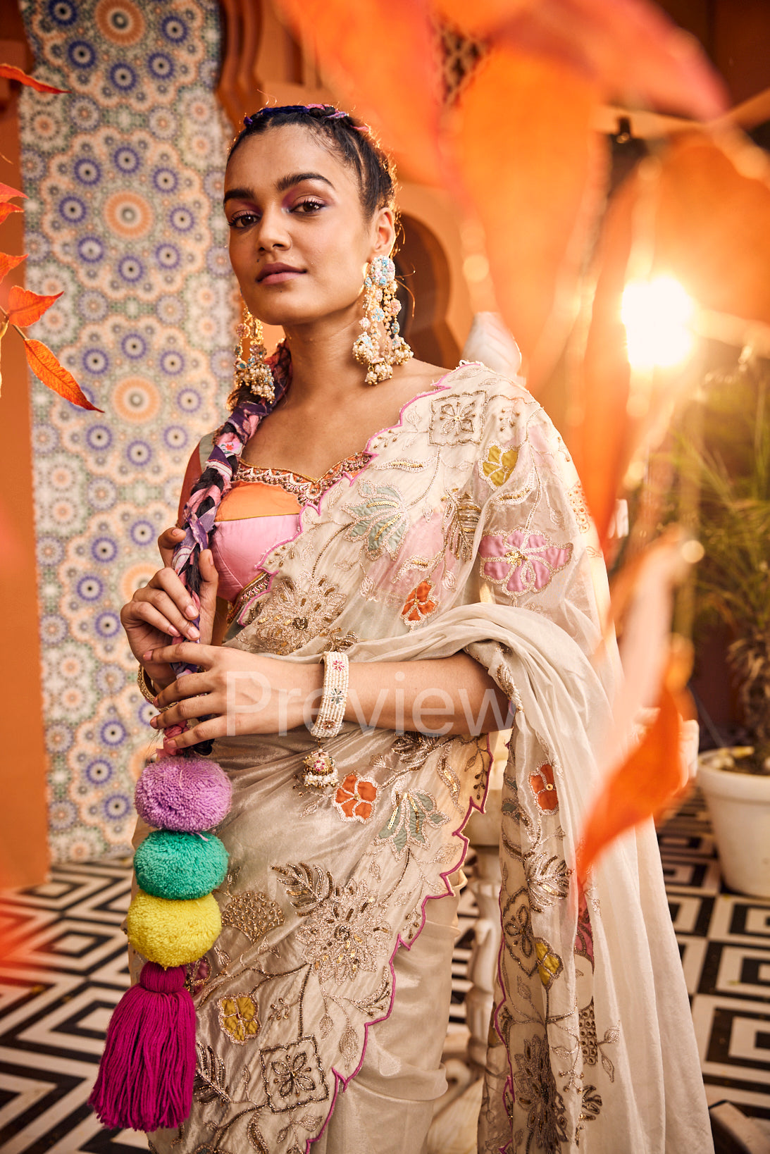 Ivory Tissue Embroidered Saree