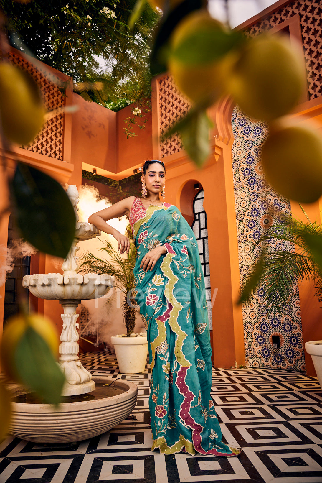 Turquoise Embroidered Saree Set