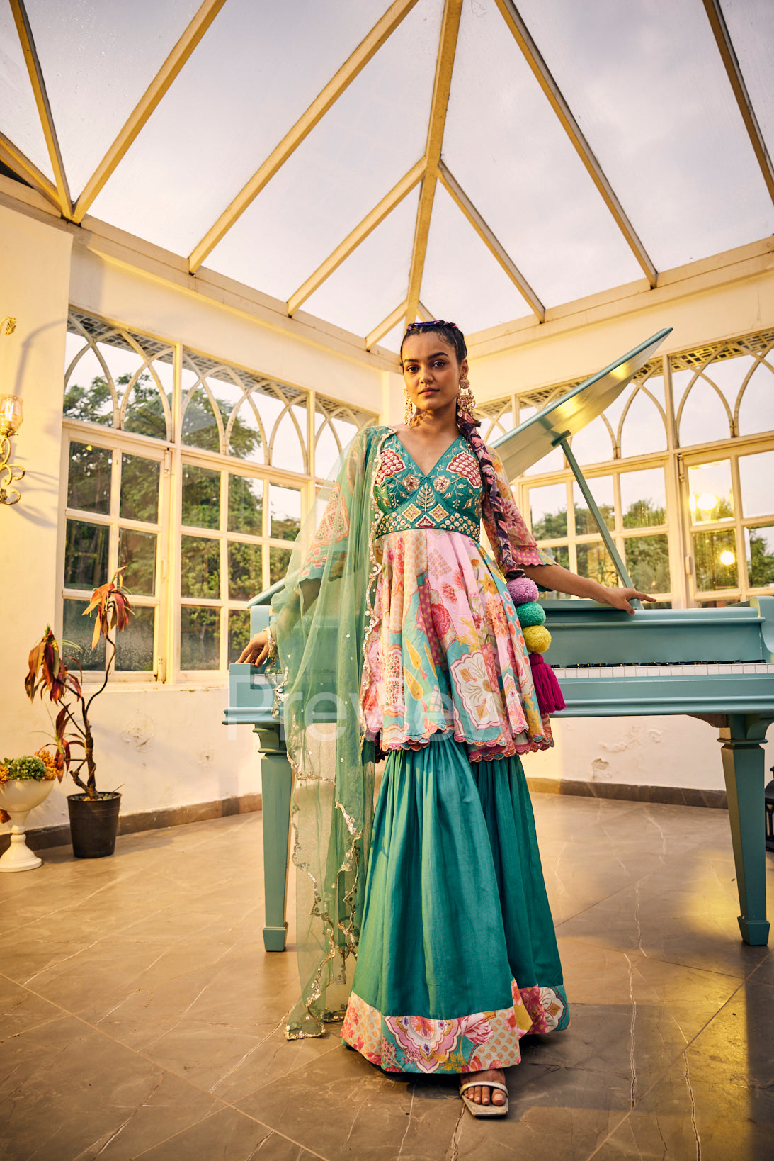 Turquoise Peplum Sharara Set