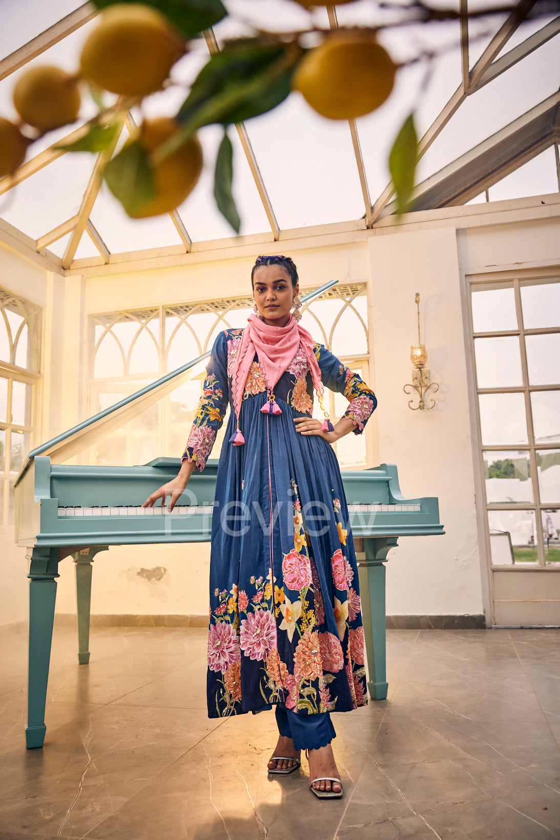 Peacock Blue Kurta Scarf Set