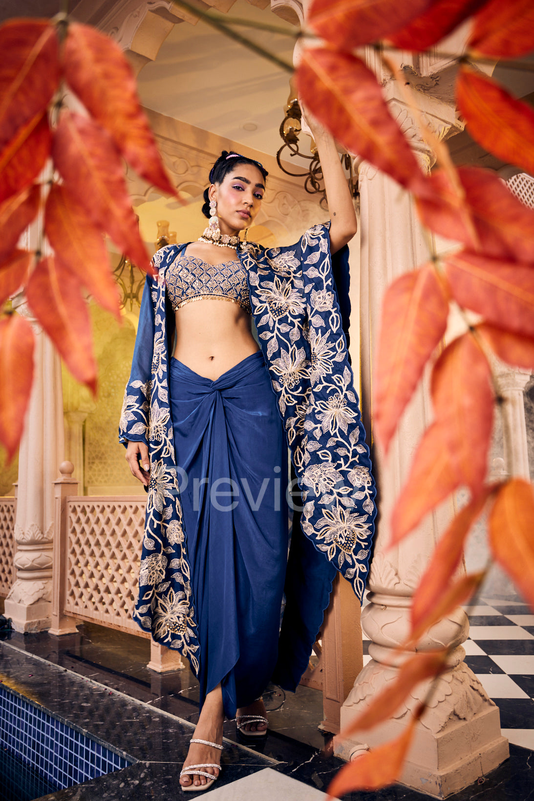 Peacock Blue Cape Skirt Set