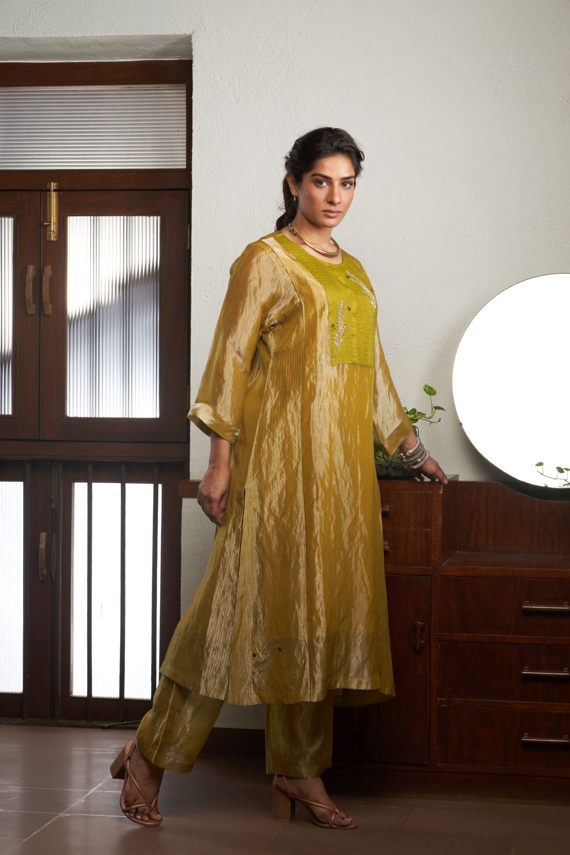 OIL MUSTARD ZARI TISSUE KURTA SET