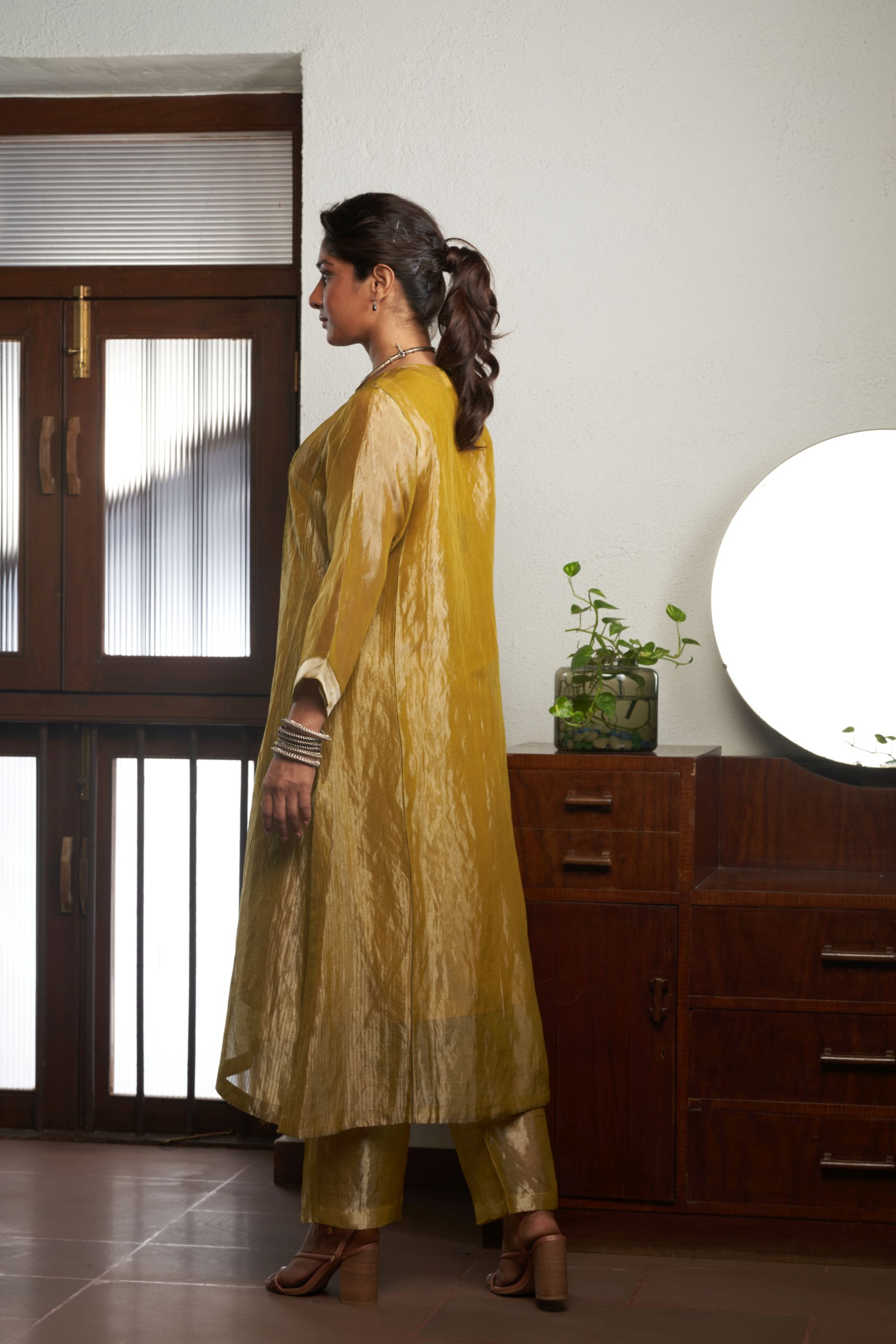 OIL MUSTARD ZARI TISSUE KURTA SET