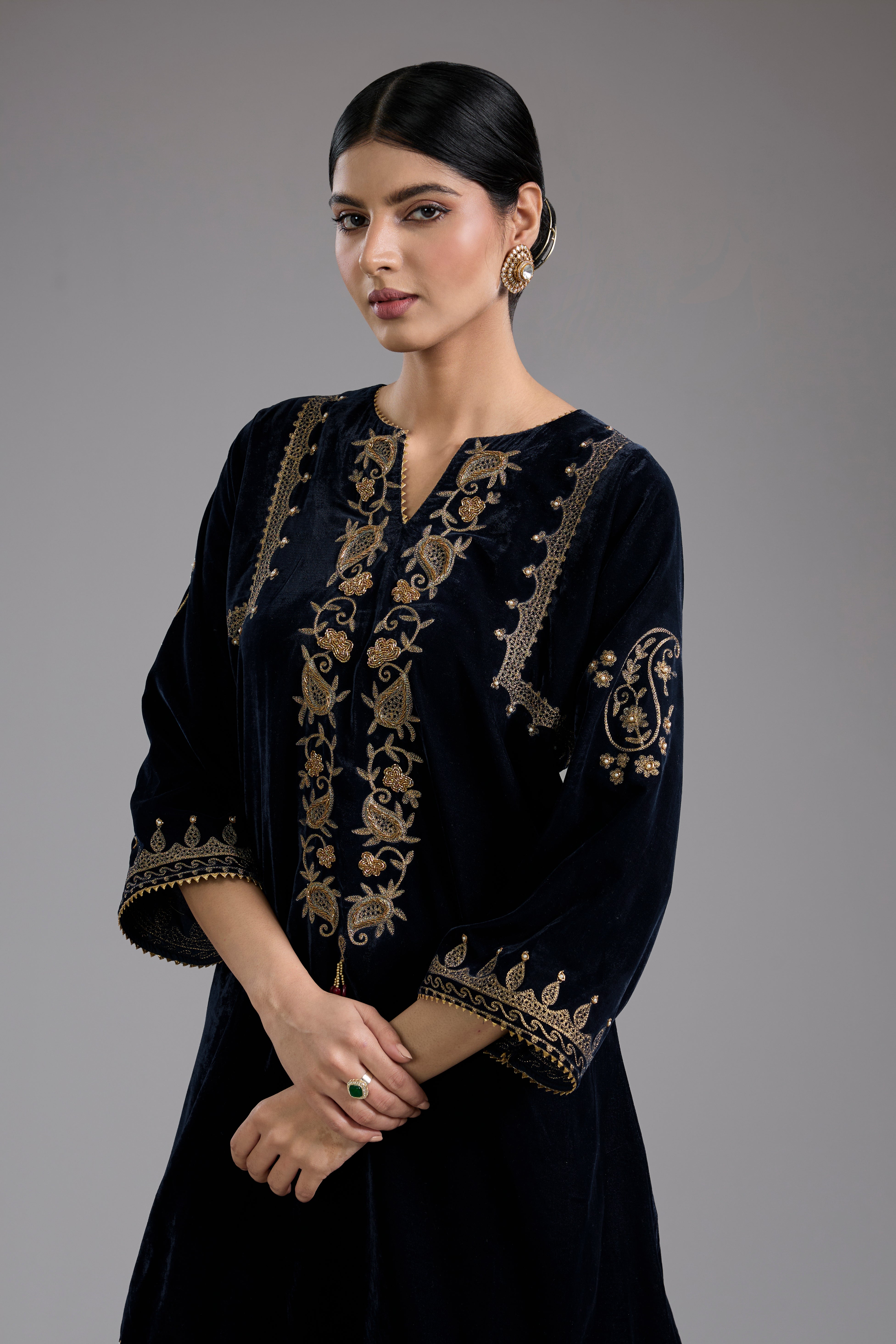 Black velvet Aari and hand embroidery kurta set