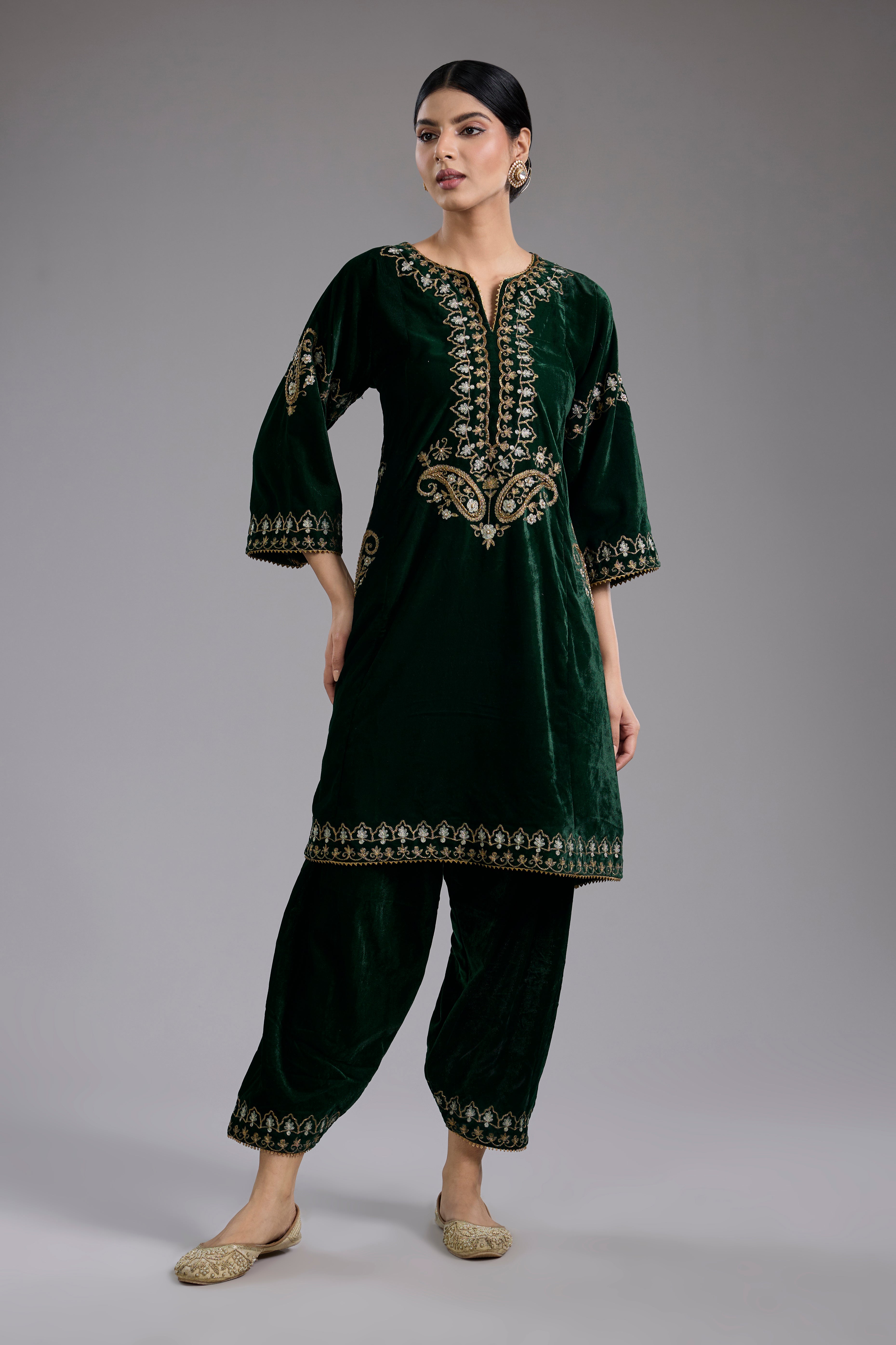 Green velvet Aari and hand embroidery kurta set