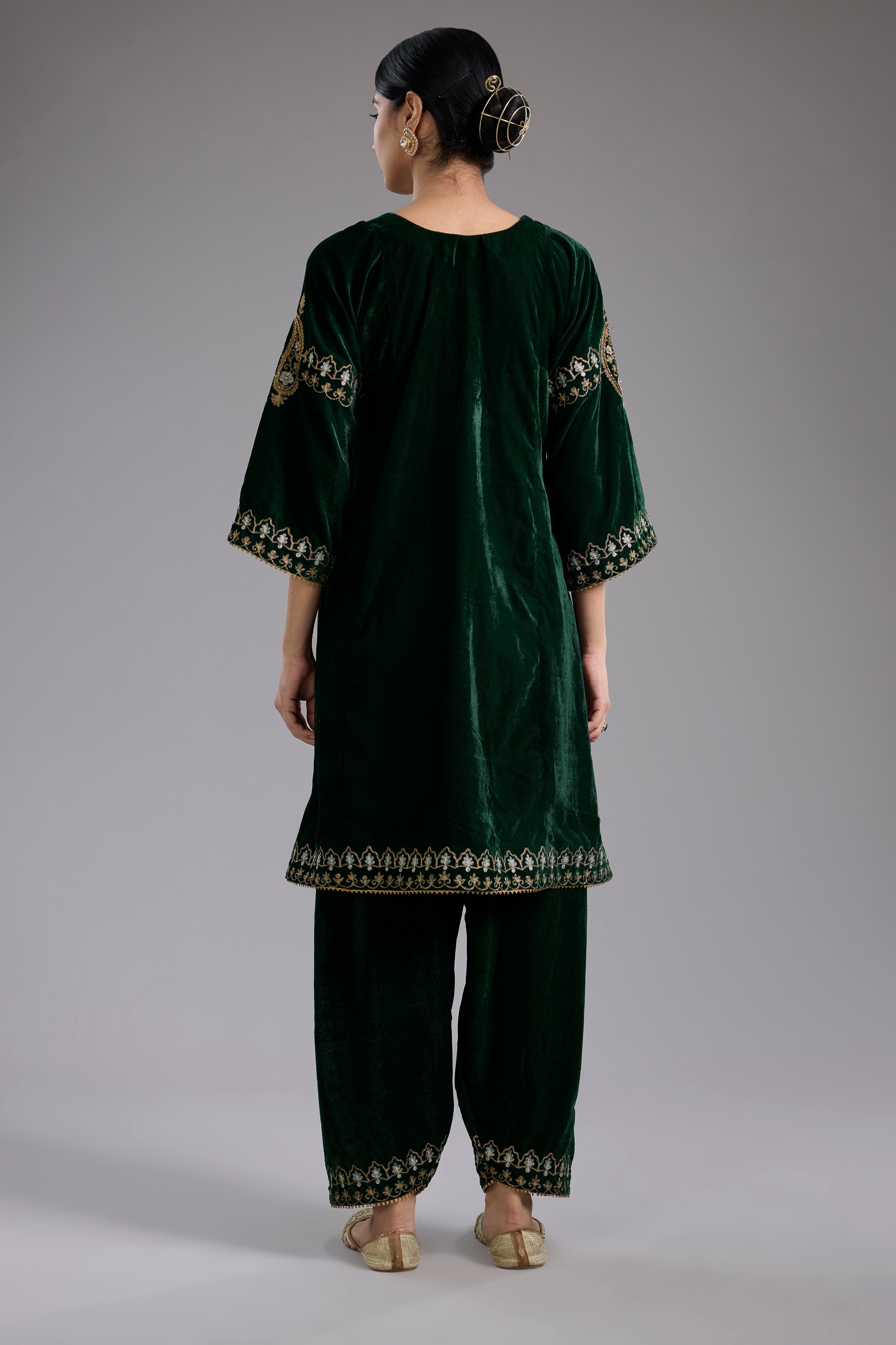 Green velvet Aari and hand embroidery kurta set