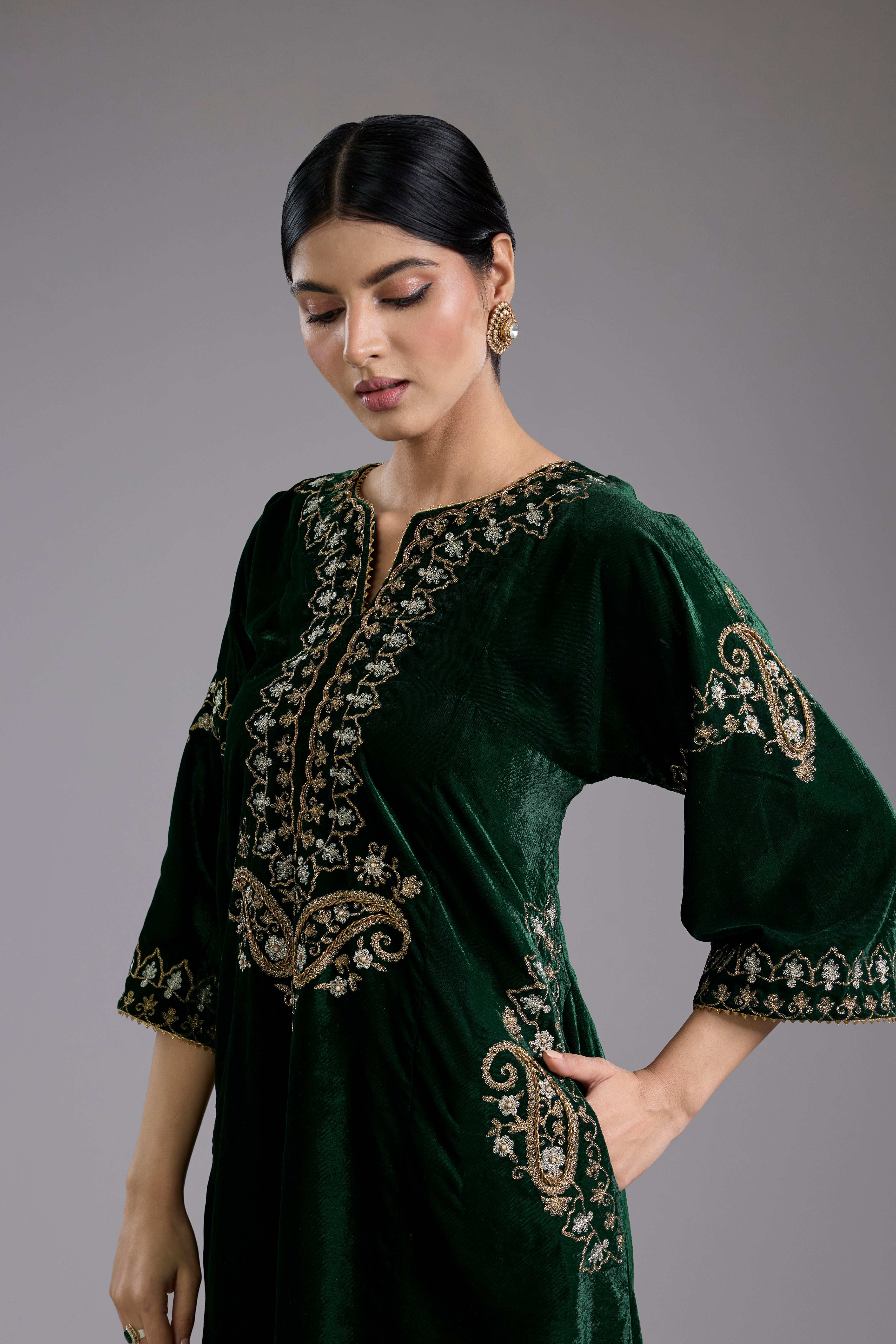 Green velvet Aari and hand embroidery kurta set