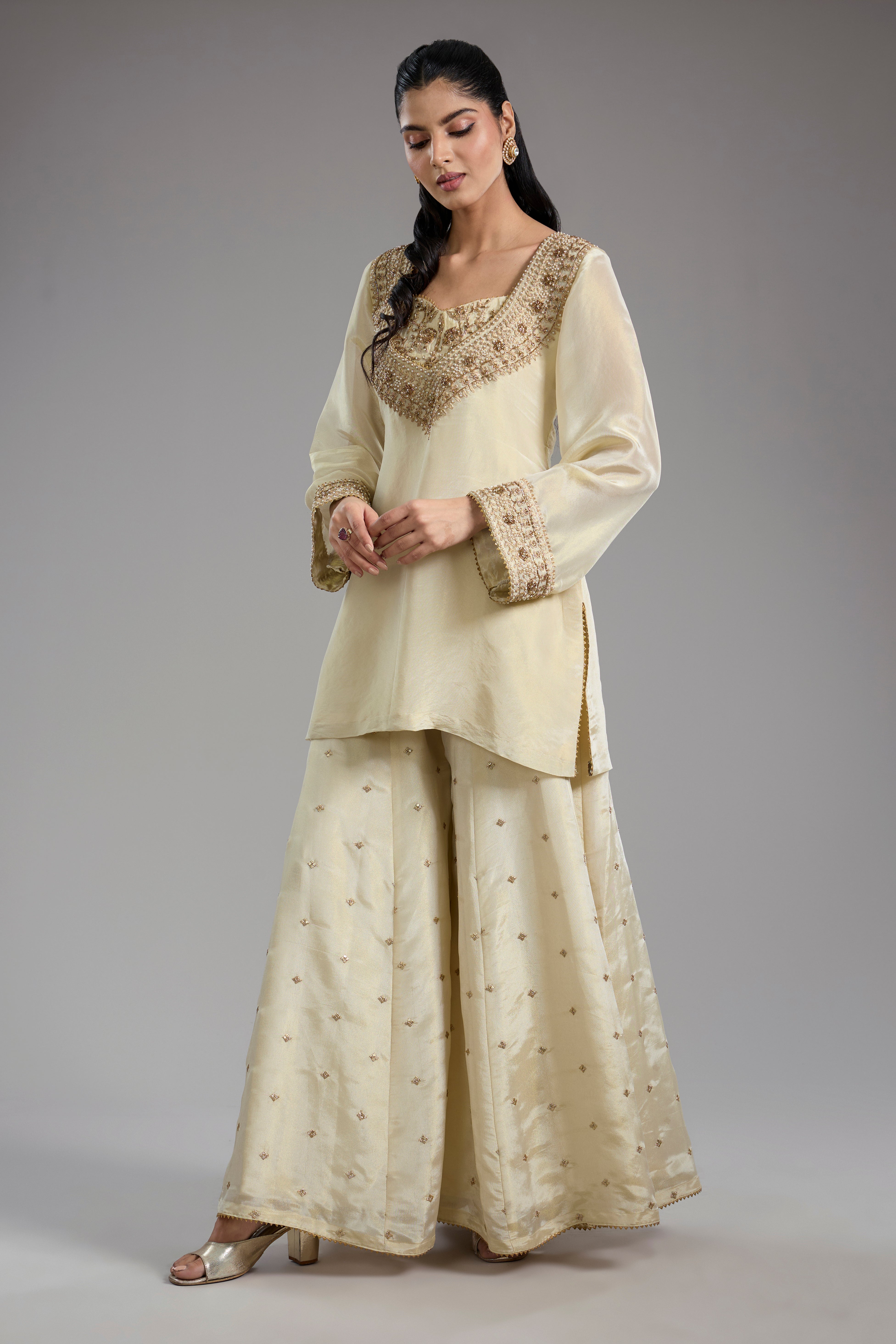 Ivory tissue dori hand embroidery sharara set