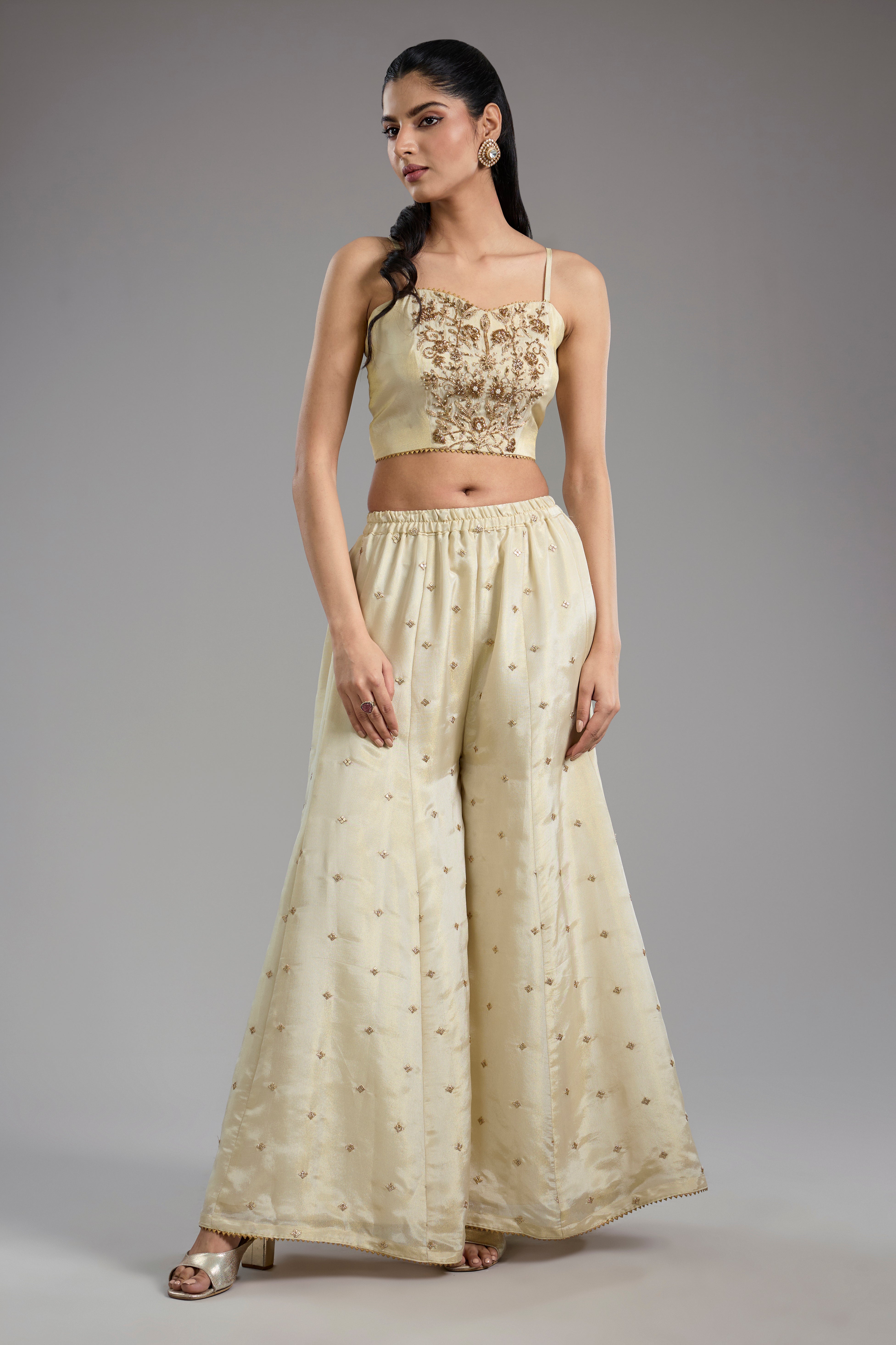 Ivory tissue dori hand embroidery sharara set