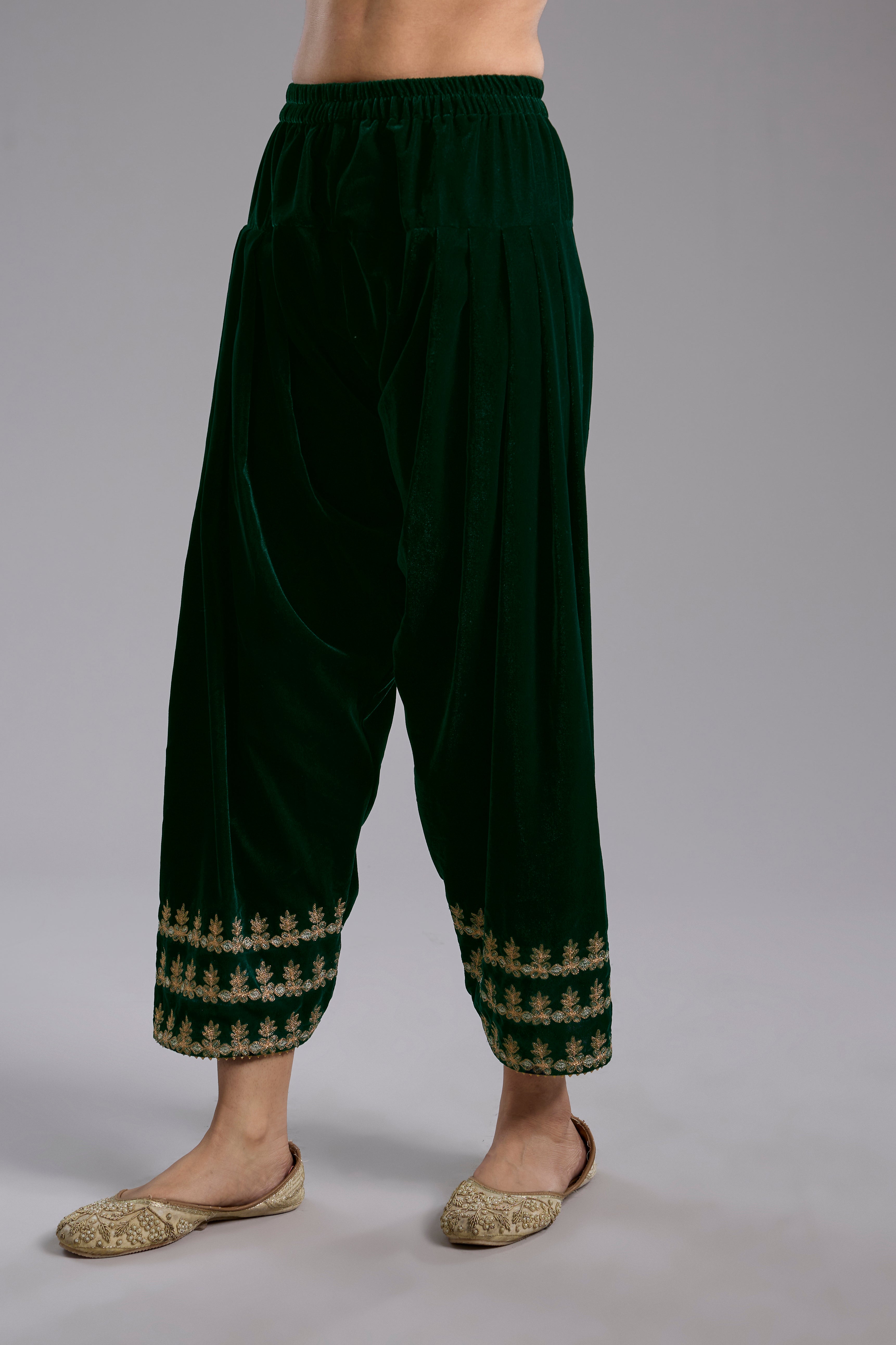 Green velvet Aari and hand embroidery kurta set