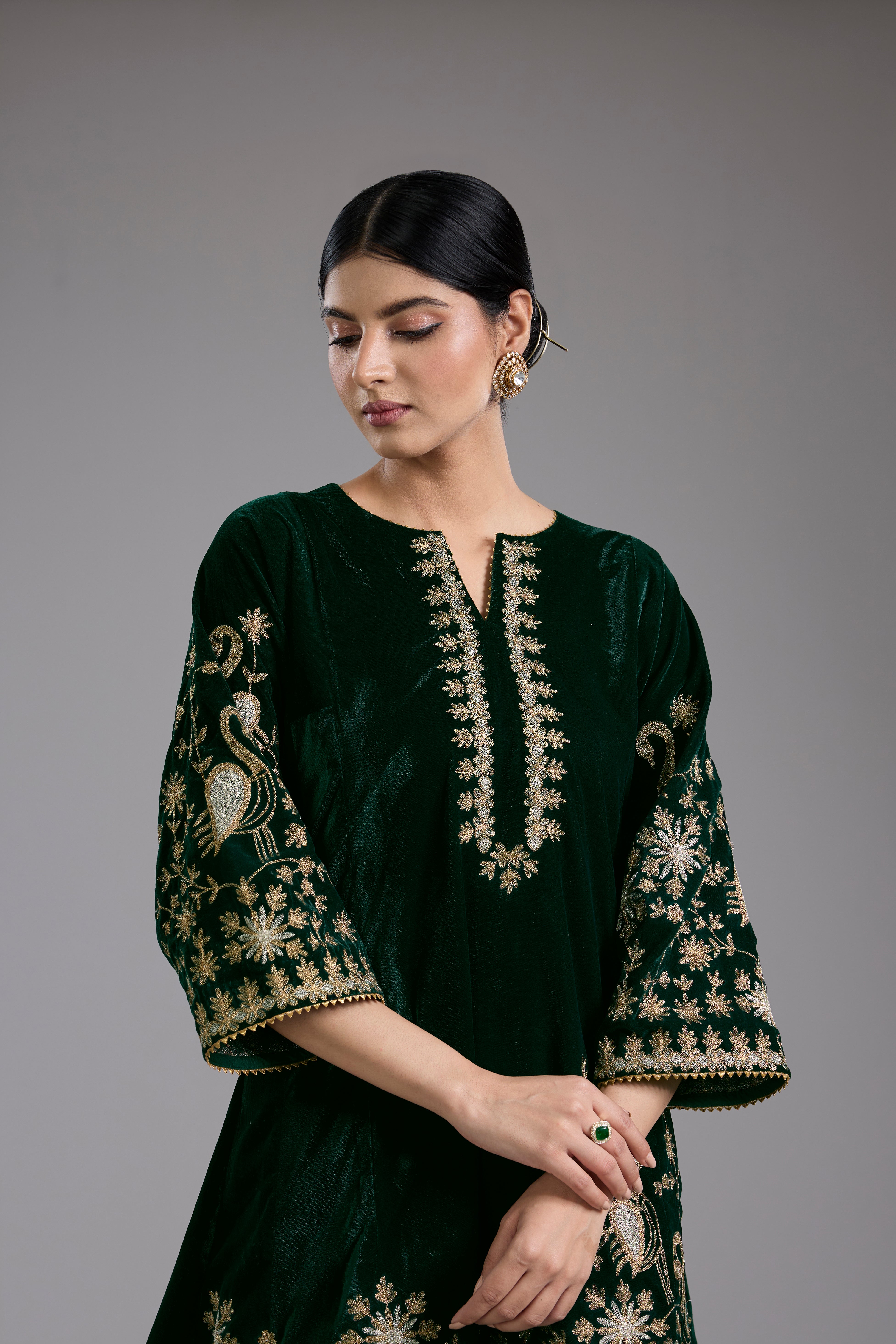 Green velvet Aari and hand embroidery kurta set