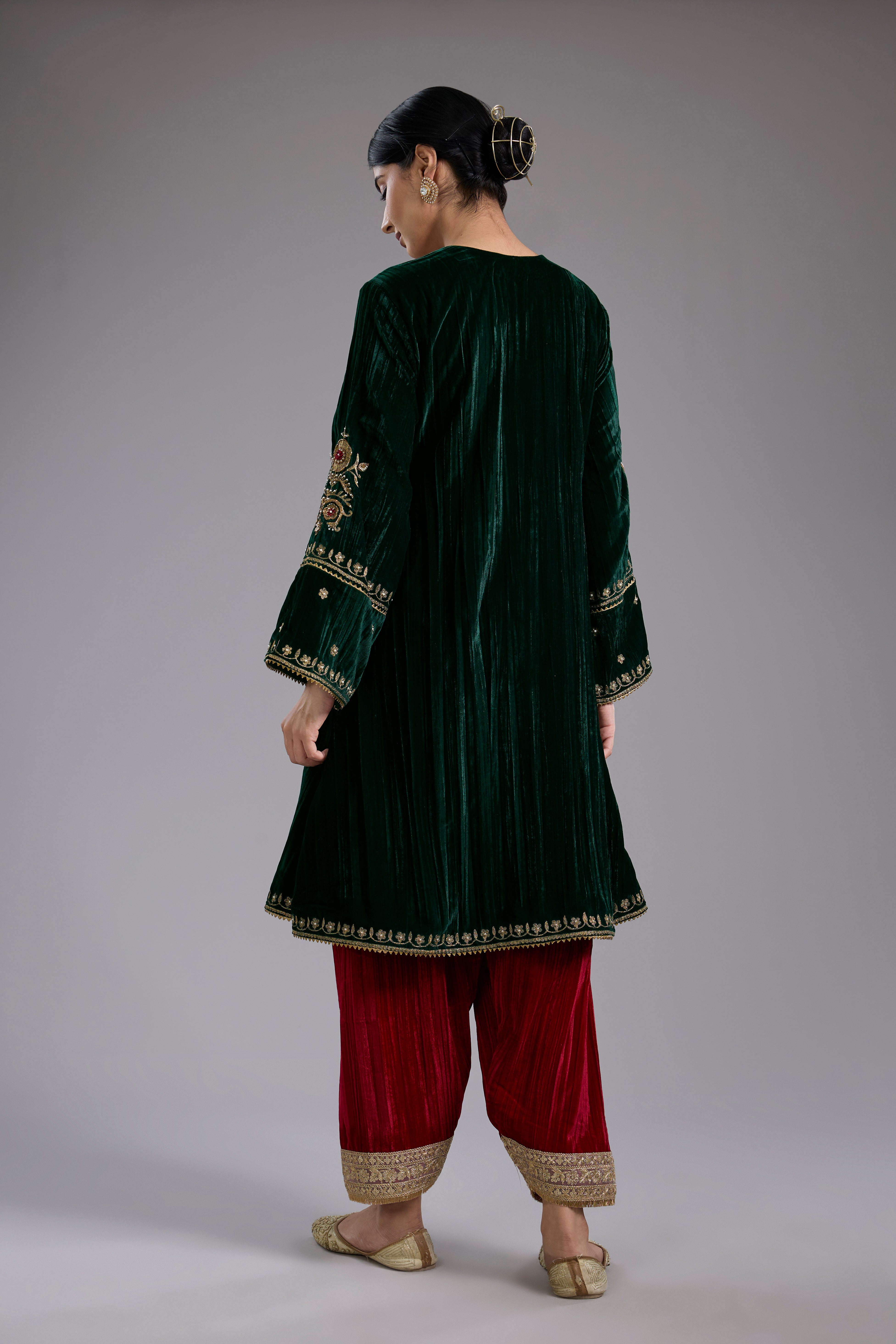 Green velvet Aari and hand embroidery kurta set