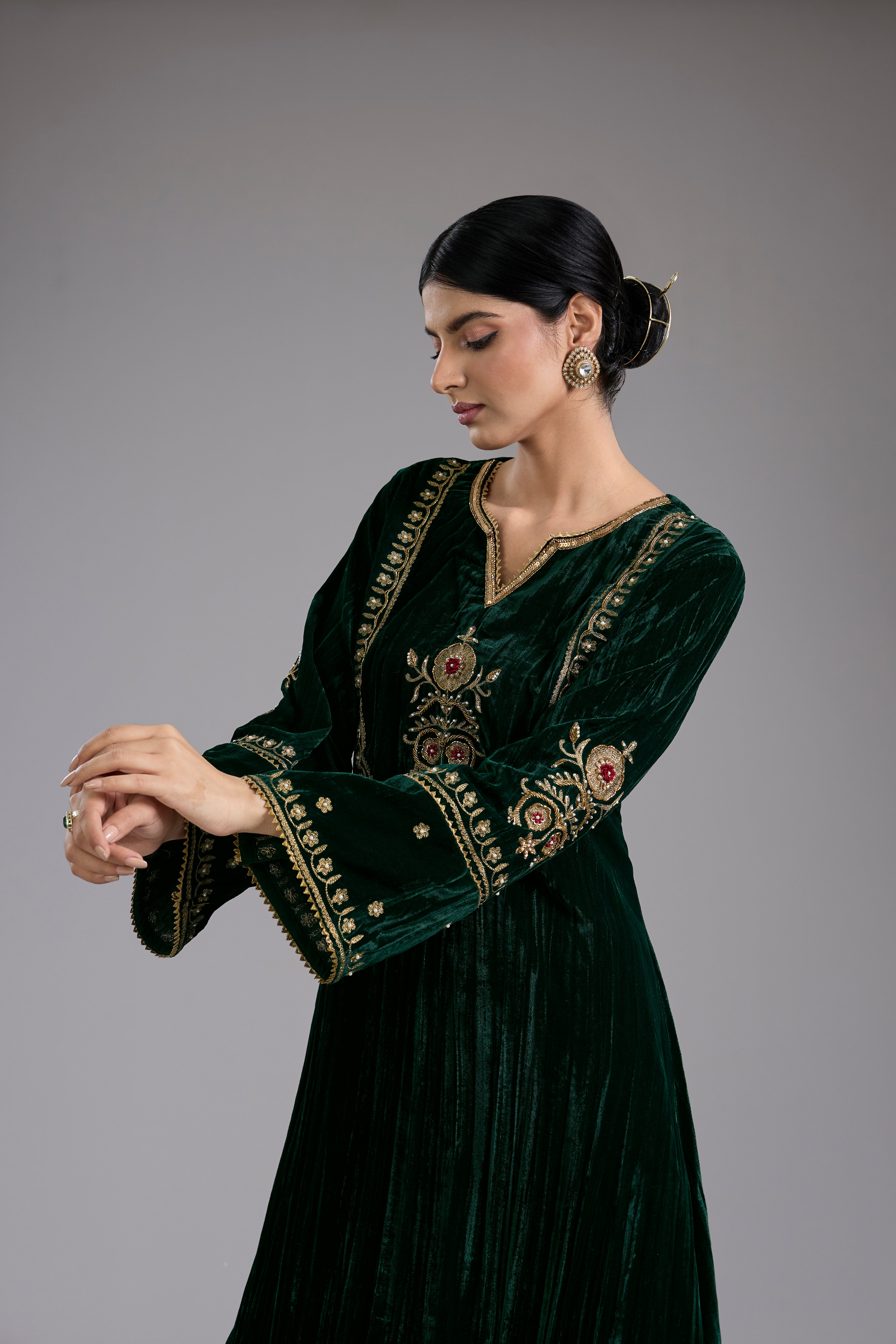 Green velvet Aari and hand embroidery kurta set