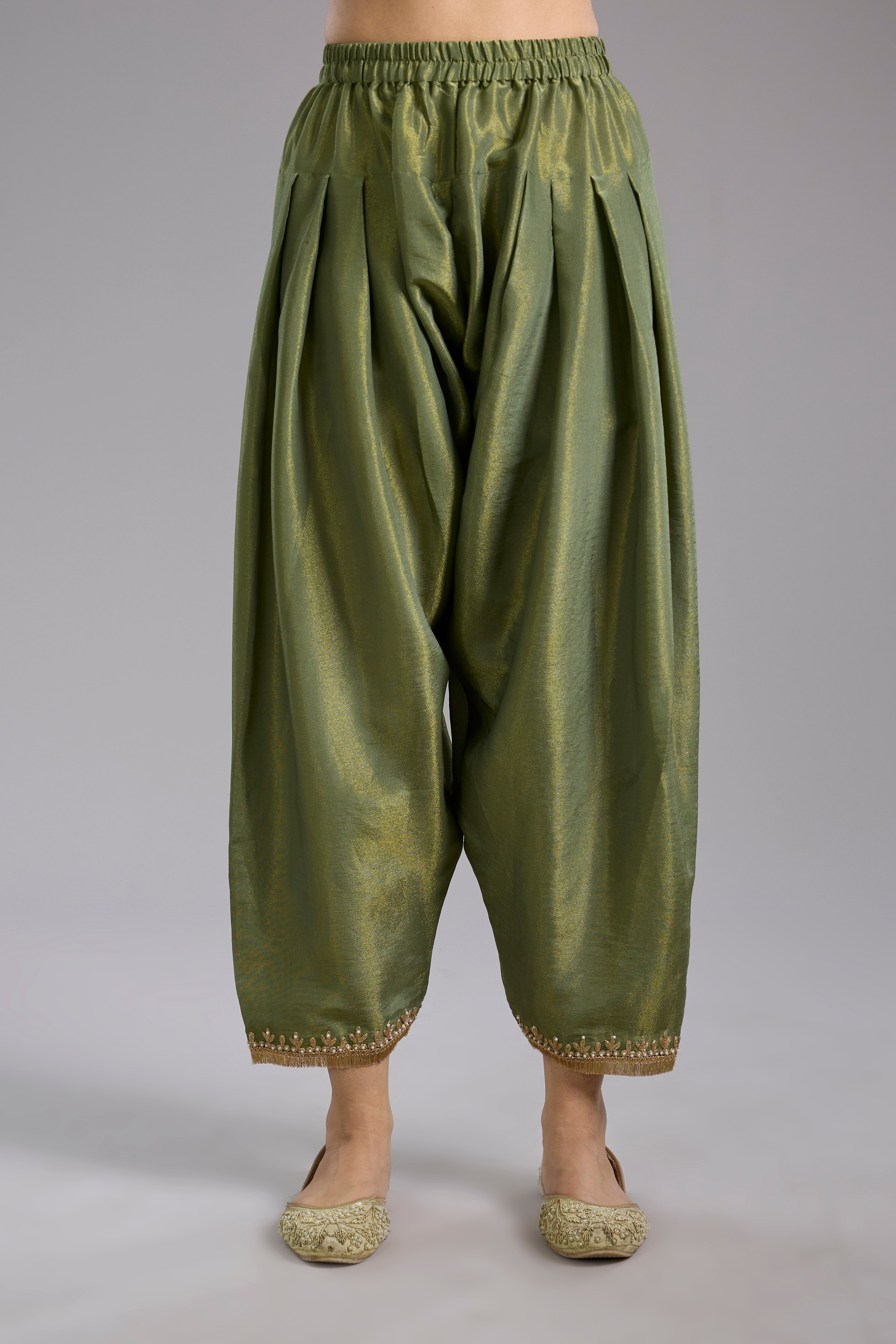 Green tissue Anarkali with hand embroidery