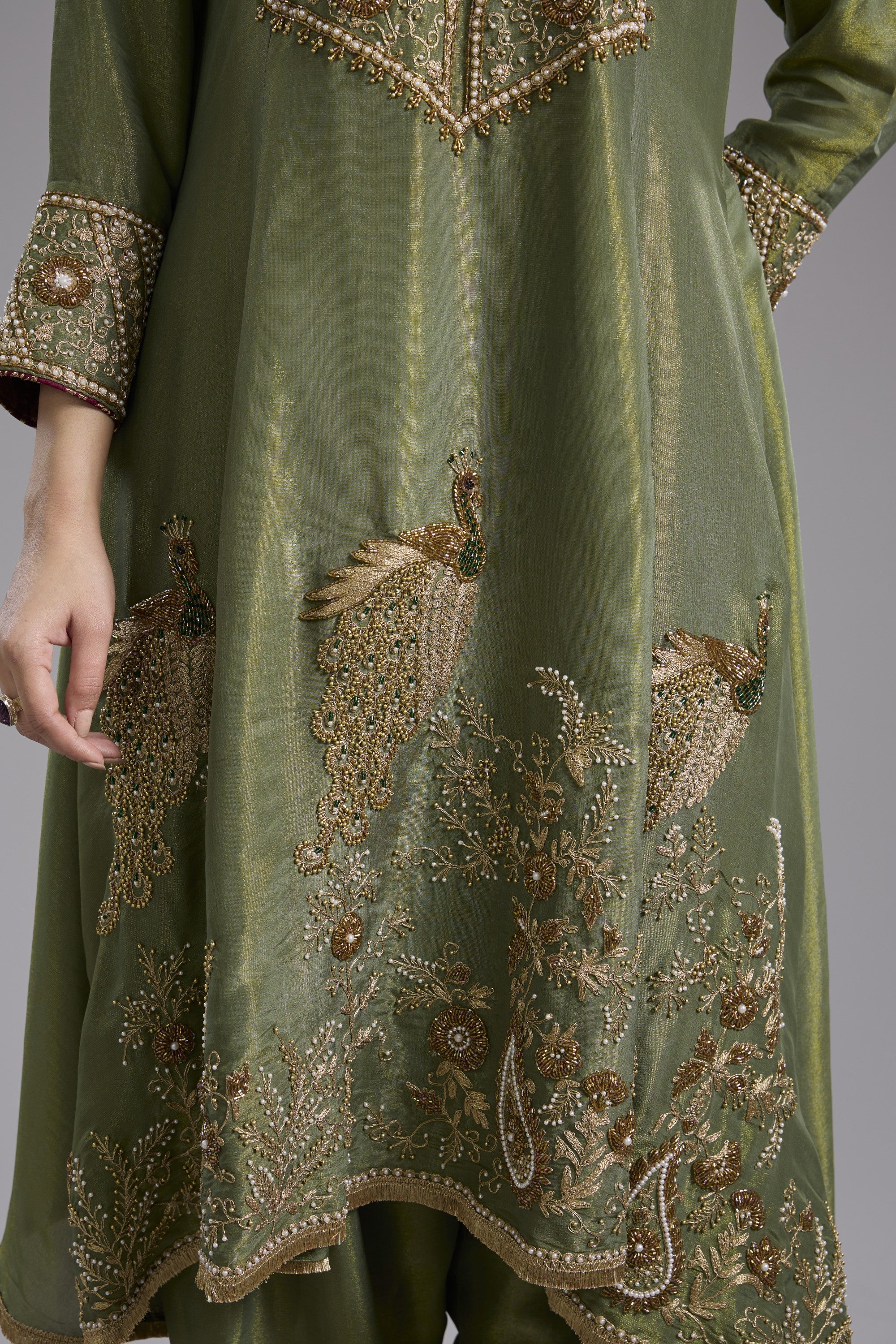 Green tissue Anarkali with hand embroidery